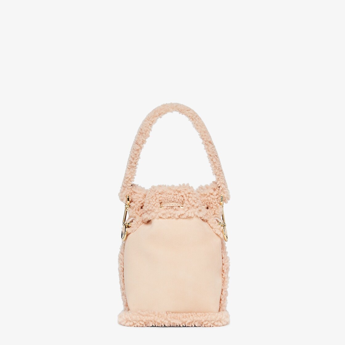 Small Mon Tresor bucket bag made of pale pink nubuck, embellished with tone on tone sheepskin and FE - 3