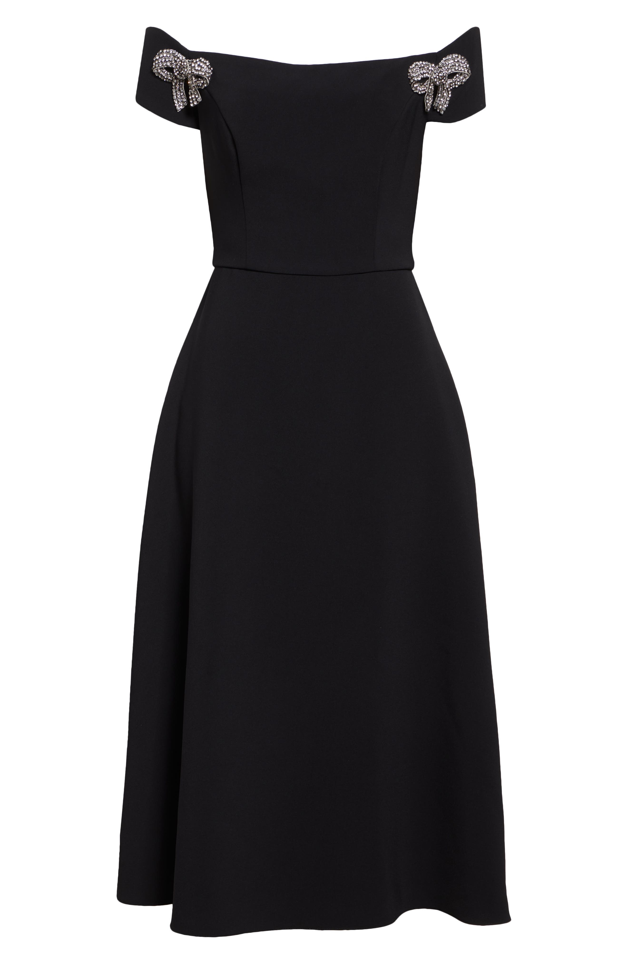 Carolina Herrera Crystal Bow Off the Shoulder Stretch Crepe Midi Dress in Black at Nordstrom - 5