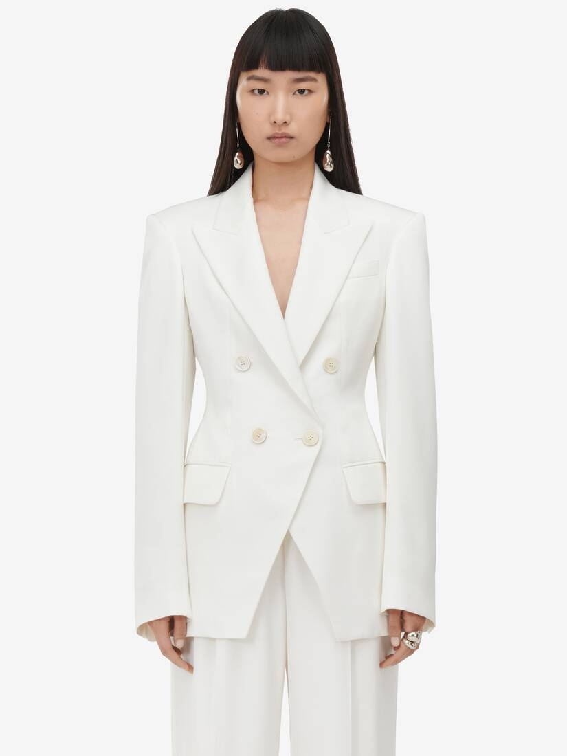 Women's Double-breasted Cut-away Jacket in Ivory - 1