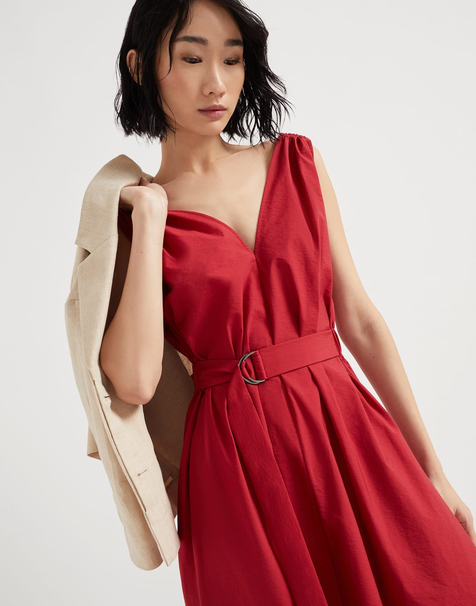 Techno cotton poplin belted dress with precious shoulder detail - 4