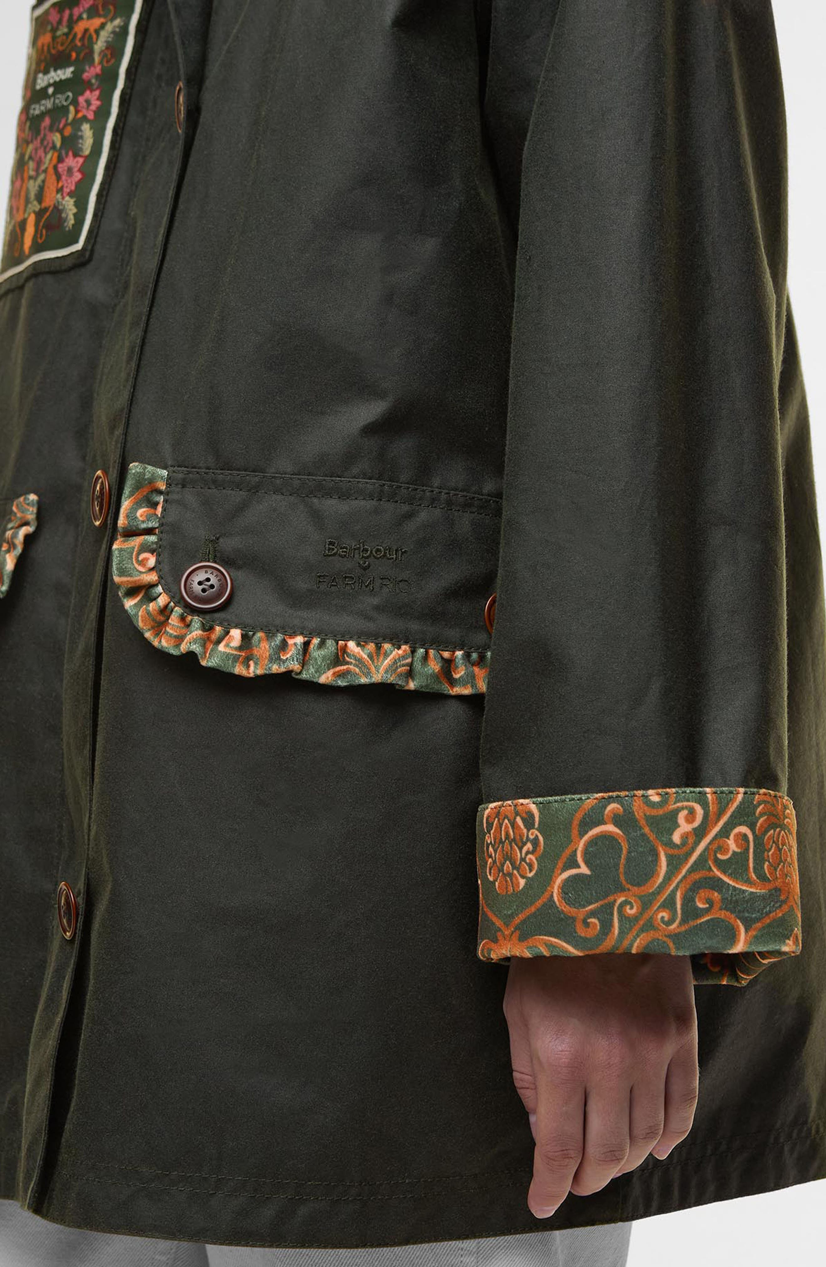Barbour x FARM Rio Maria-Clara Waxed Jacket in Fern/Green Heart Print at Nordstrom - 3