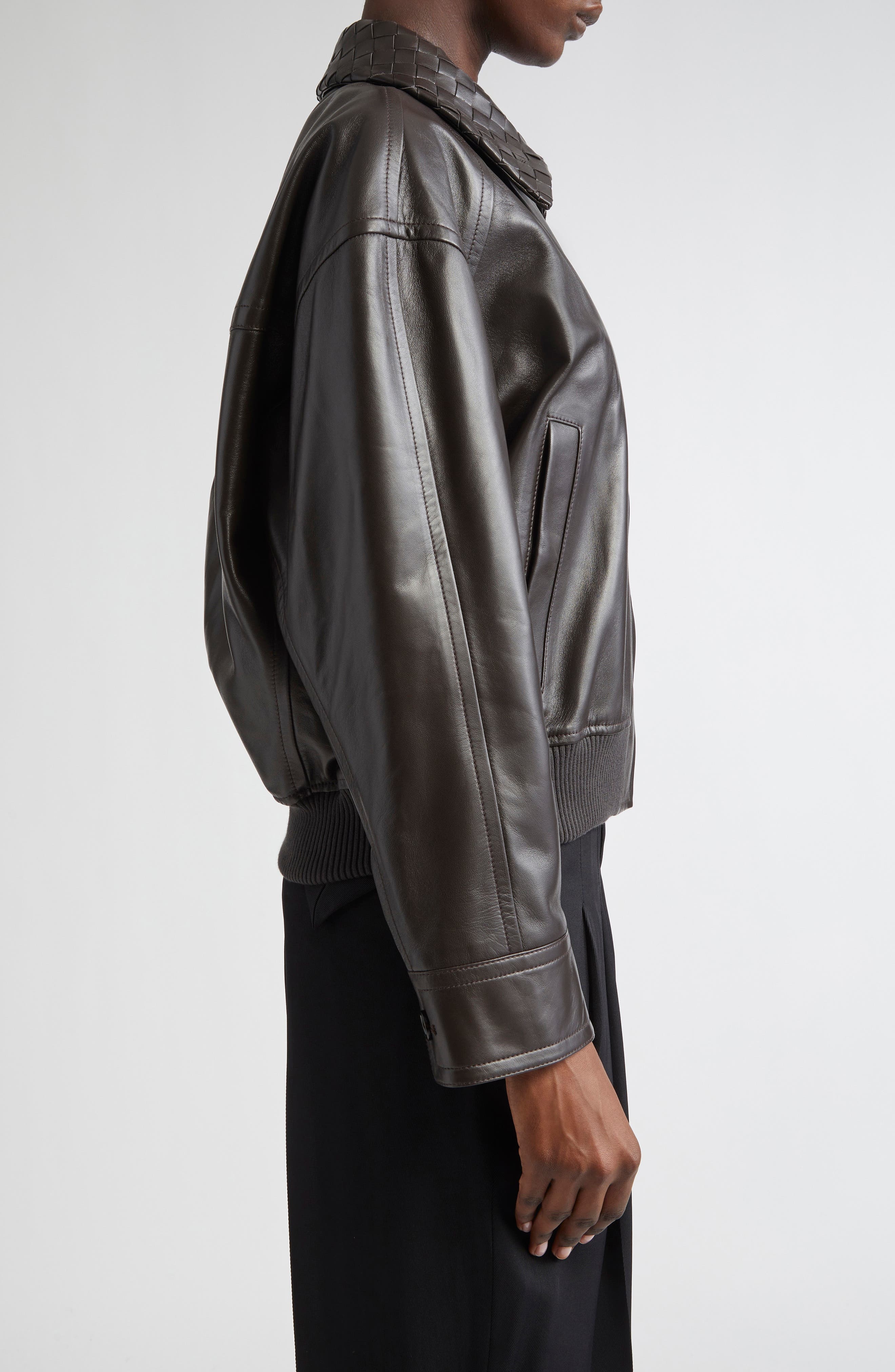 Bottega Veneta Intrecciato Collar Leather Bomber Jacket in 2113 Fondant at Nordstrom - 4