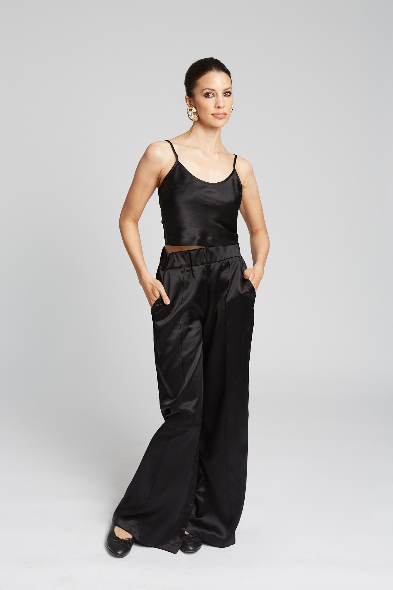 BLACK SILK CROPPED CAMI - 2