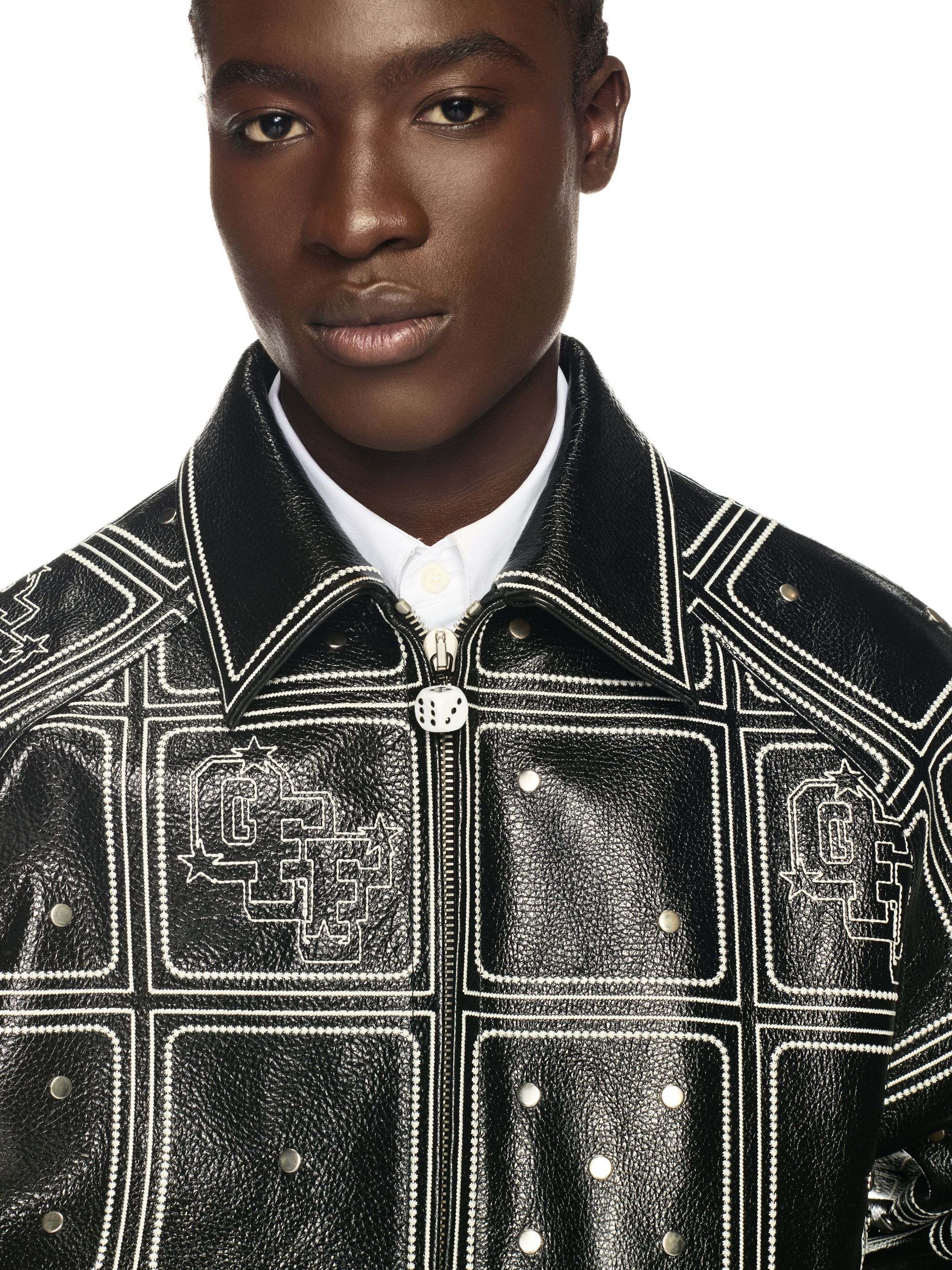 Black Dices Leather Varsity Jacket - 5