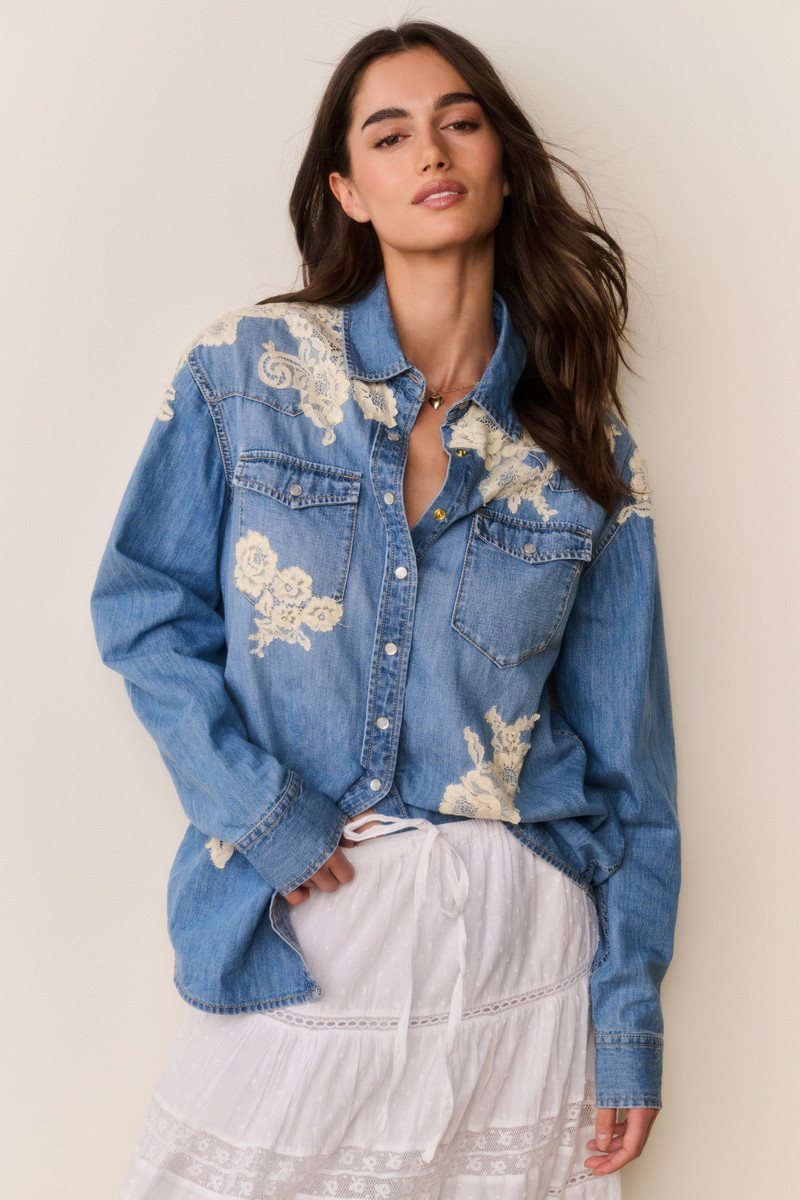 LoveShackFancy Kelith Lace Appliqué Chambray Shirt outlook