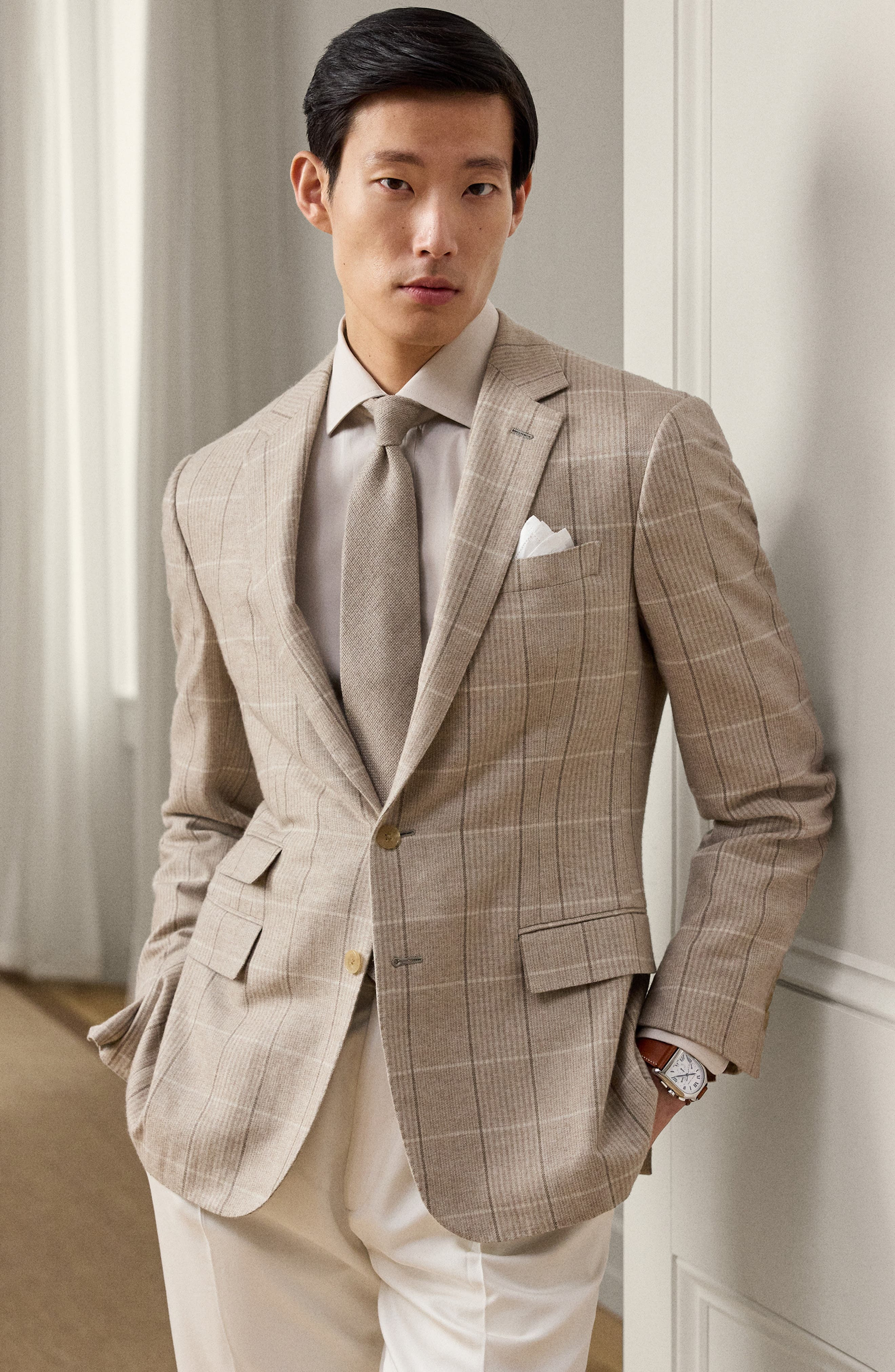 Ralph Lauren Purple Label Russel Plaid Wool, Silk & Cashmere Sport Coat in Summer Sand/Truffle at No - 7