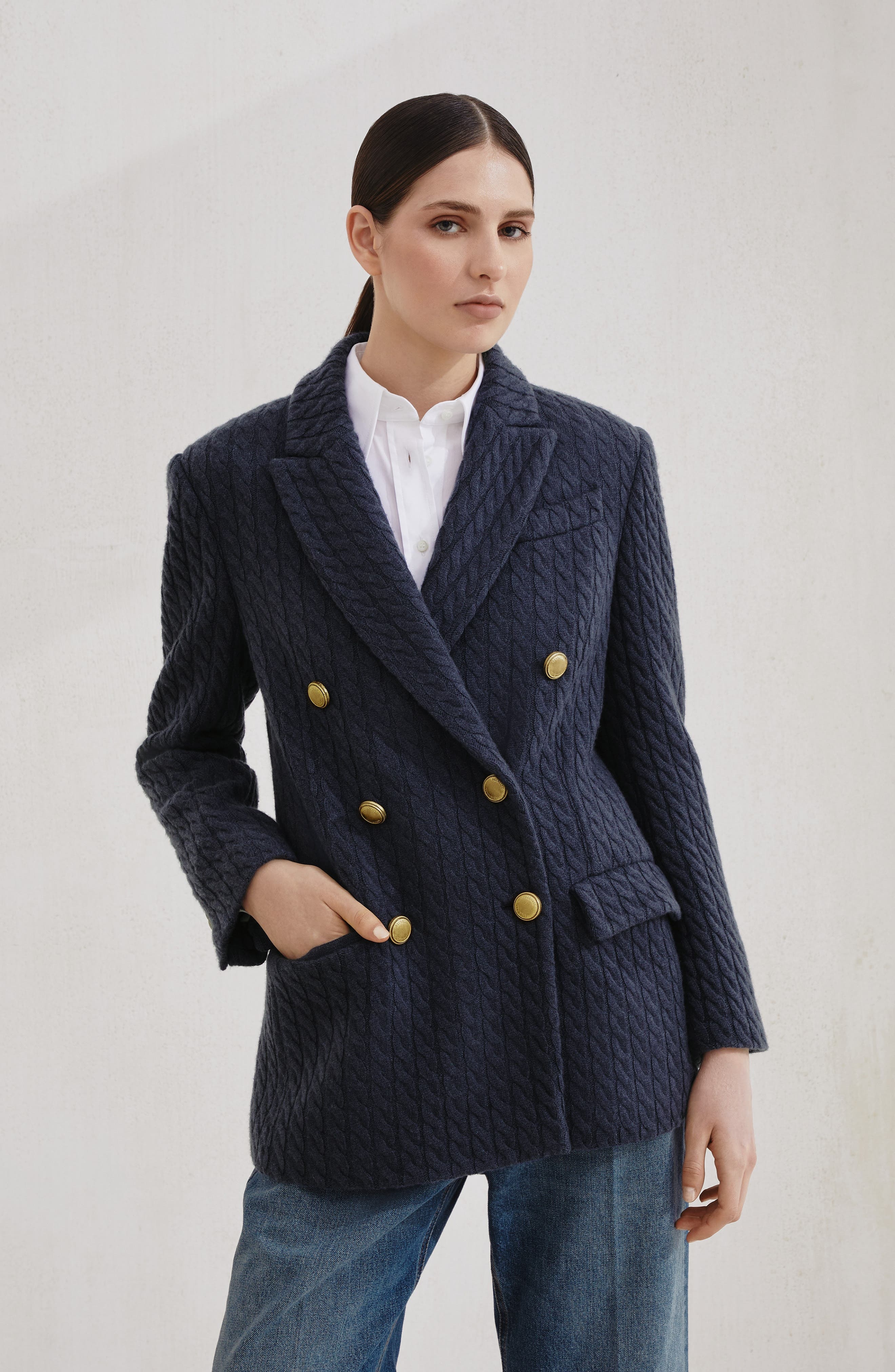 Brunello Cucinelli Cashmere cable knit blazer in Blue at Nordstrom - 2