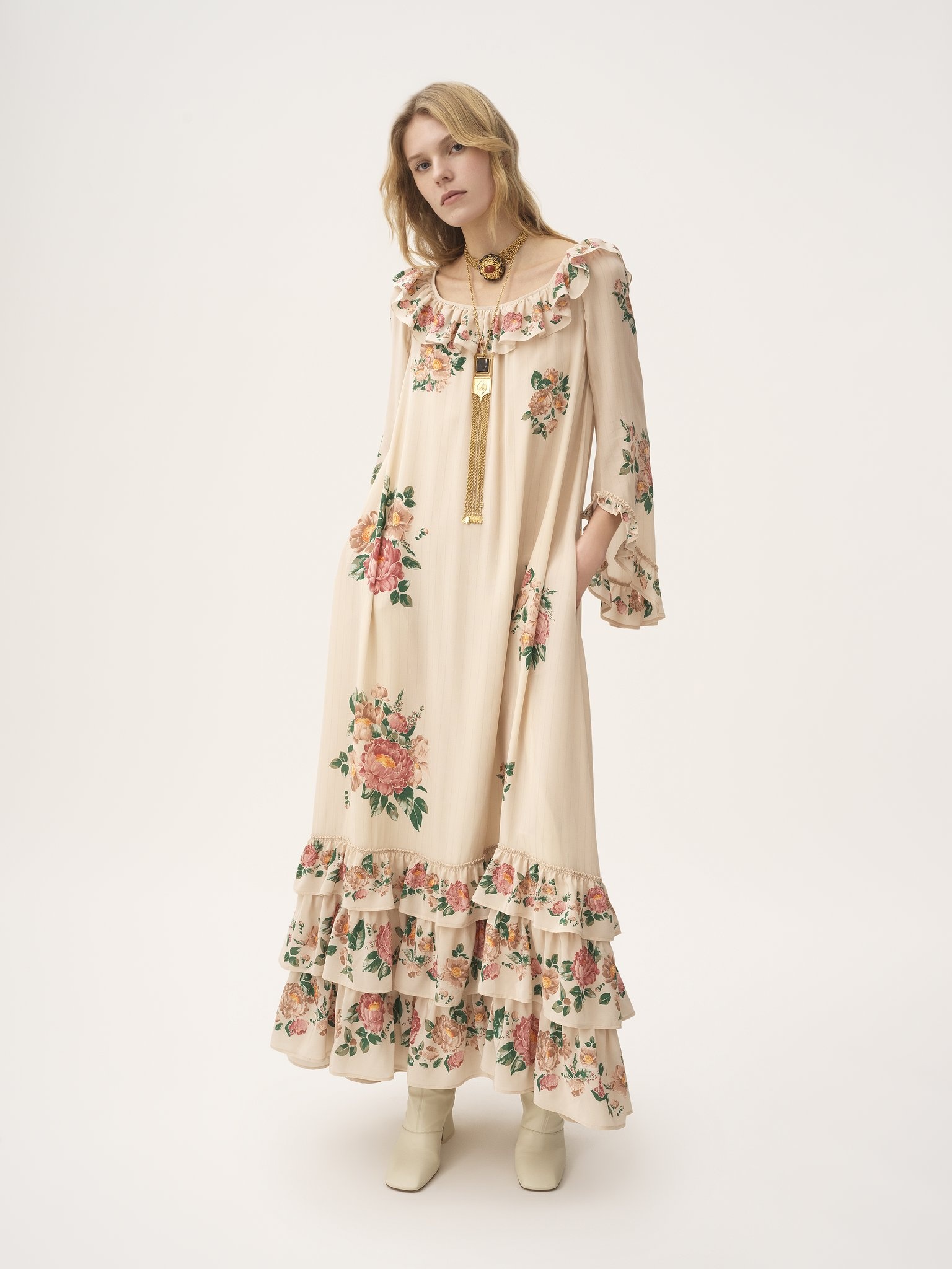 SQUARE-NECK RUFFLED LONG DRESS IN CRÊPE DE CHINE - 3