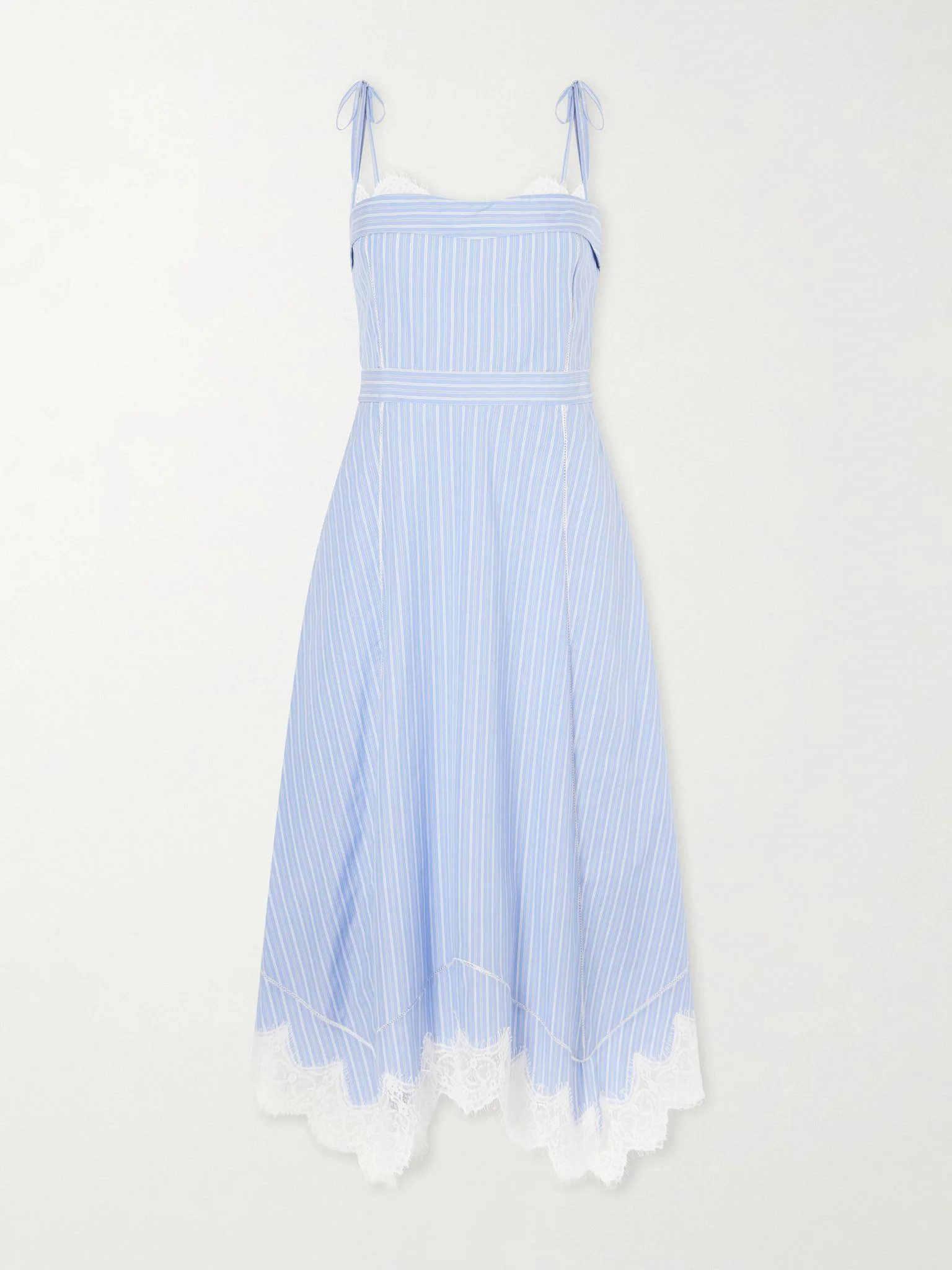 Avaleigh lace-trimmed striped cotton-poplin midi dress Blue - 1