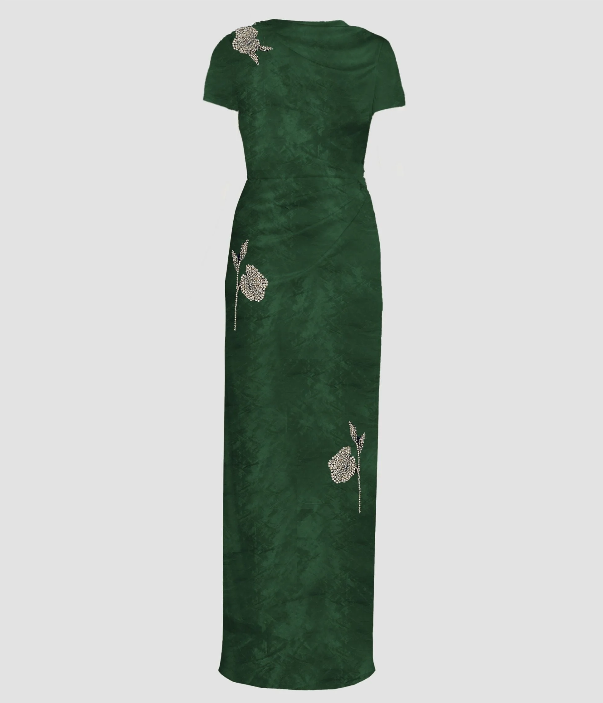 EMBROIDERED TEXTURED SATIN SHORT SLEEVE GOWN - 1