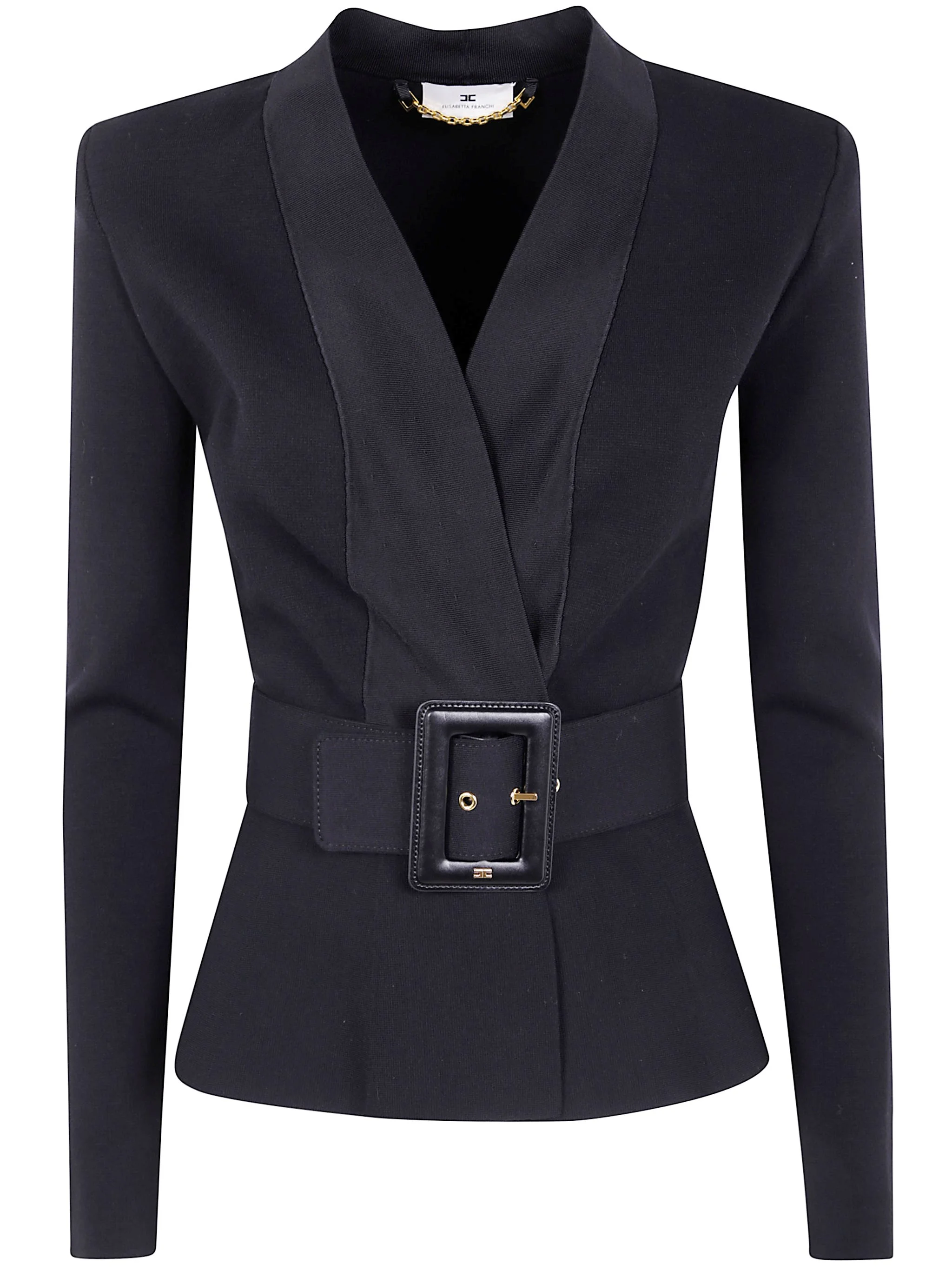 Introducing the 'BELTED V NECK TRICOT SWEATER' by ELISABETTA FRANCHI, a luxurious addition to your F - 1