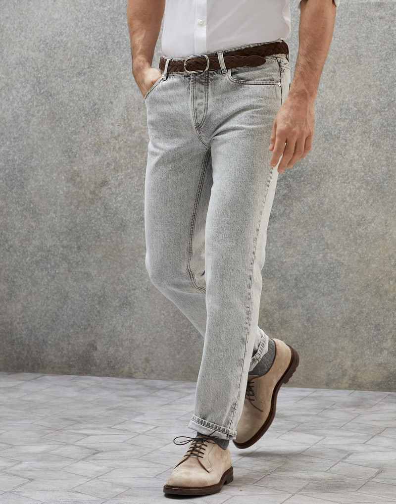 Aged denim traditional fit five-pocket trousers 1