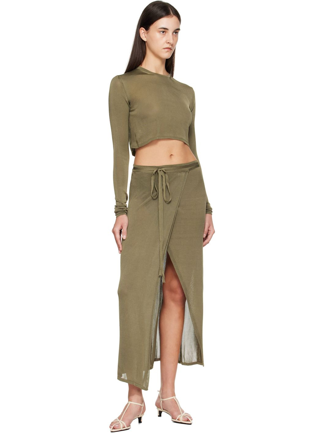 Khaki Kazel Cropped Thin Knit T-shirt - 4