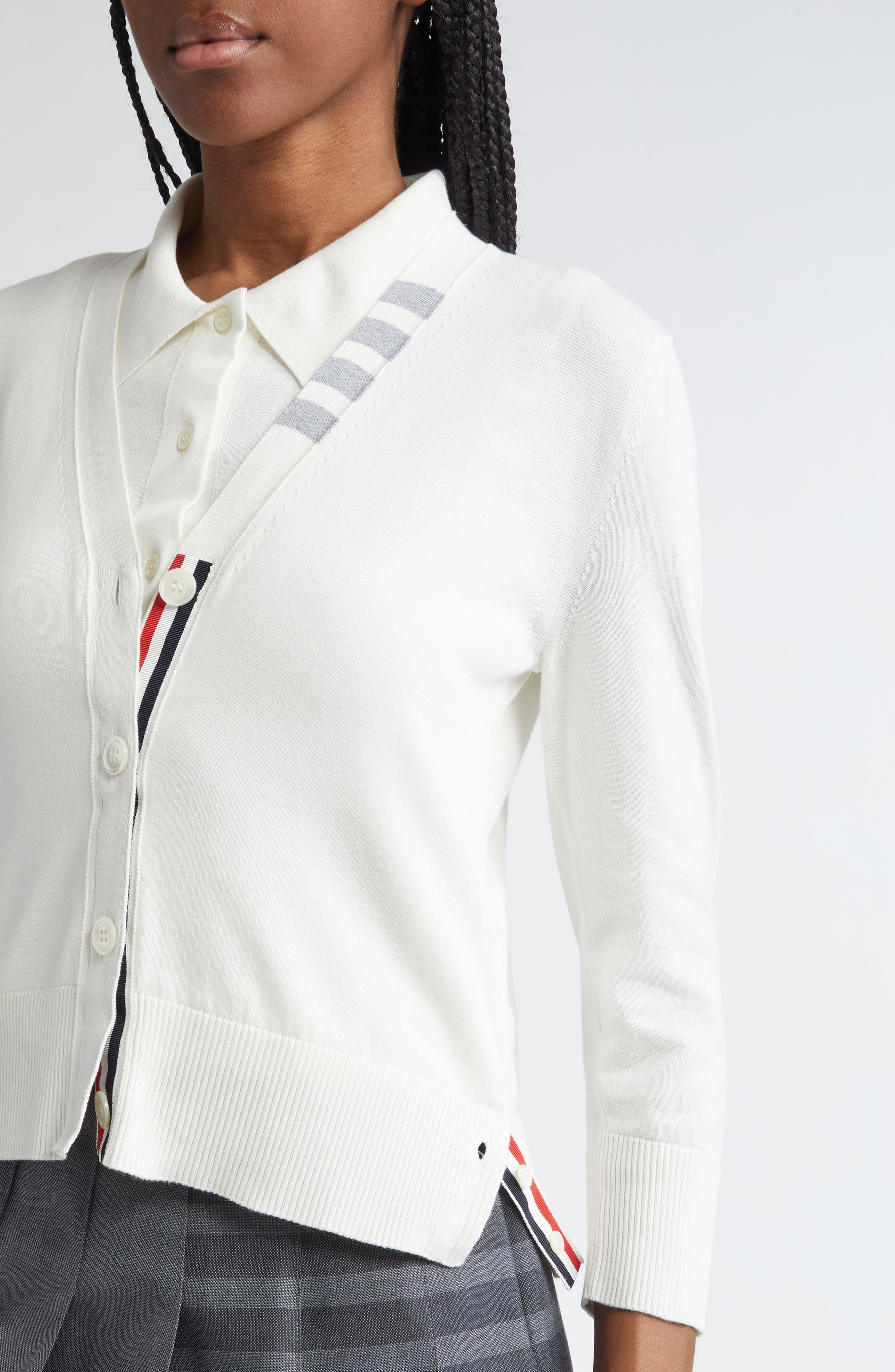 Thom Browne Jersey Stitch V-Neck Cotton Cardigan in White at Nordstrom - 5