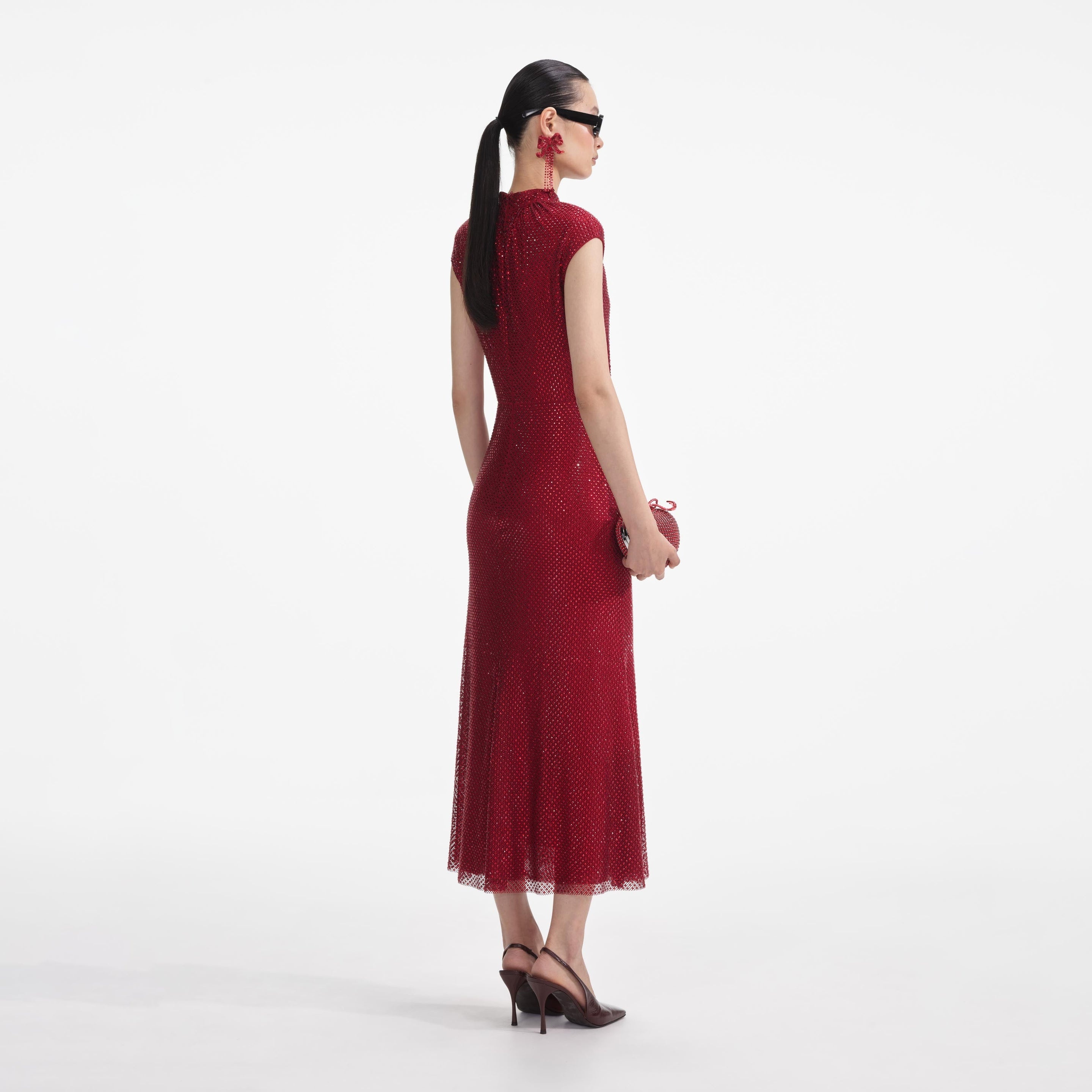 Red Rhinestone Fishnet Midi Dress - 3