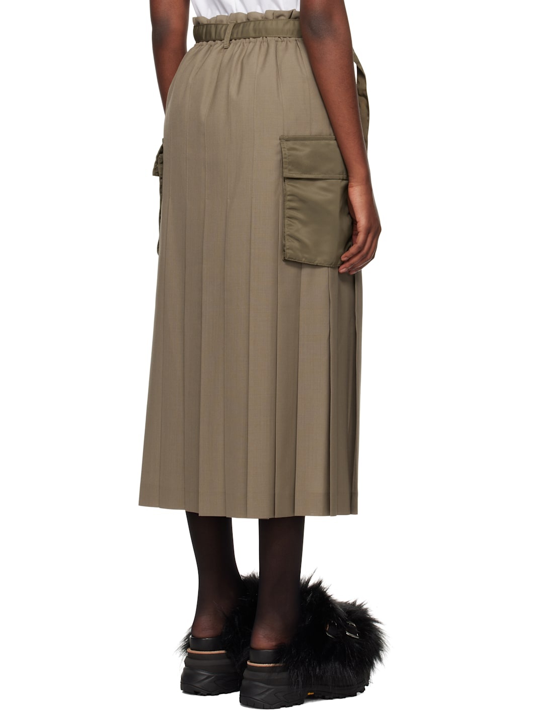 Khaki Suiting & Nylon Twill Midi Skirt - 3