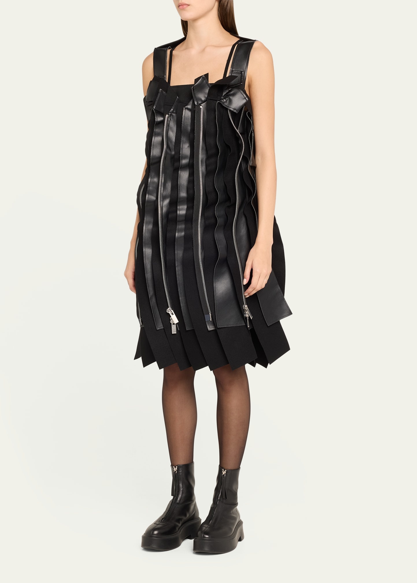 Pleated Faux Leather Wool Panel Zippered Dress - 4