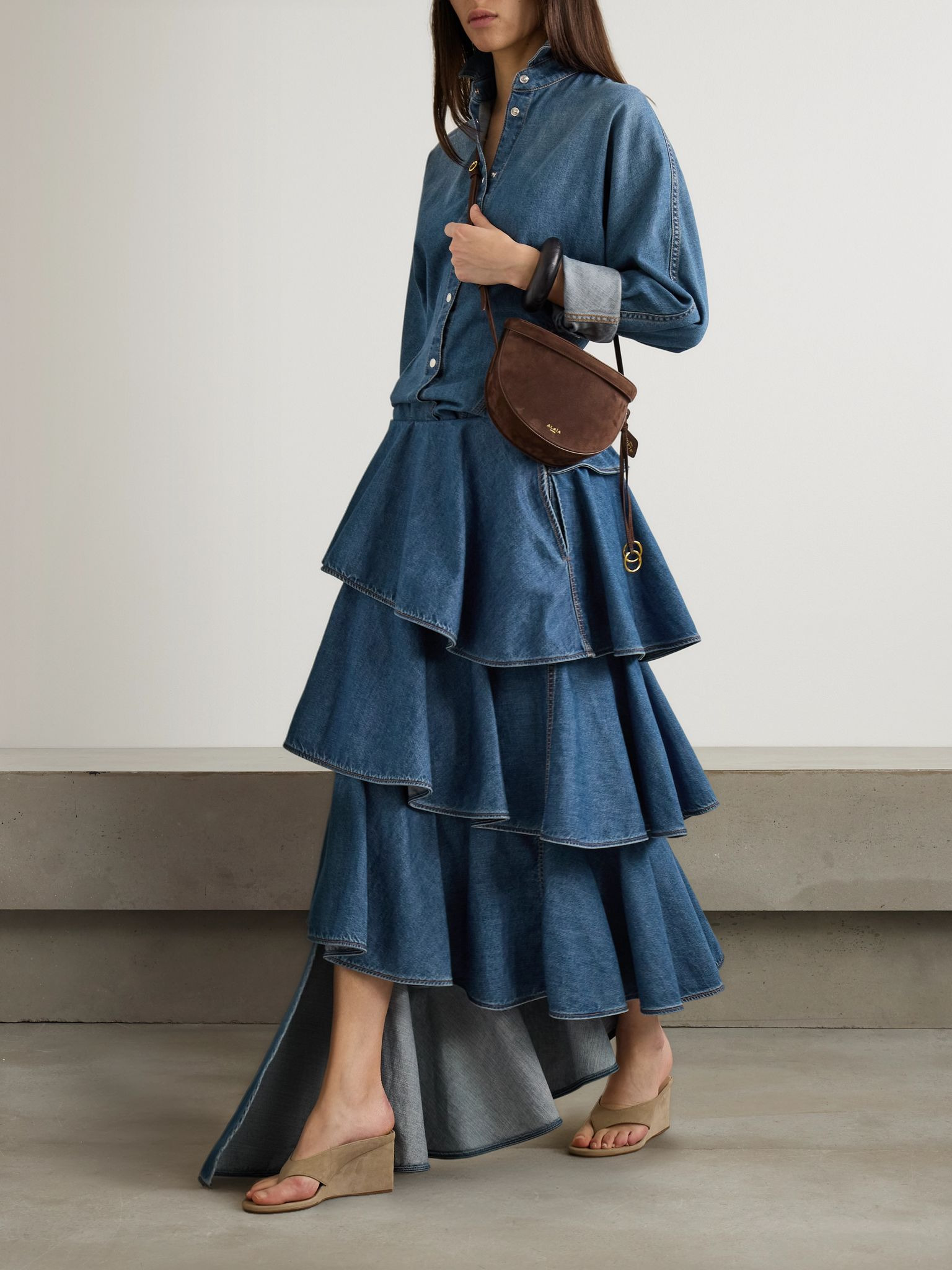 Asymmetric ruffled tiered denim skirt Dark denim - 2