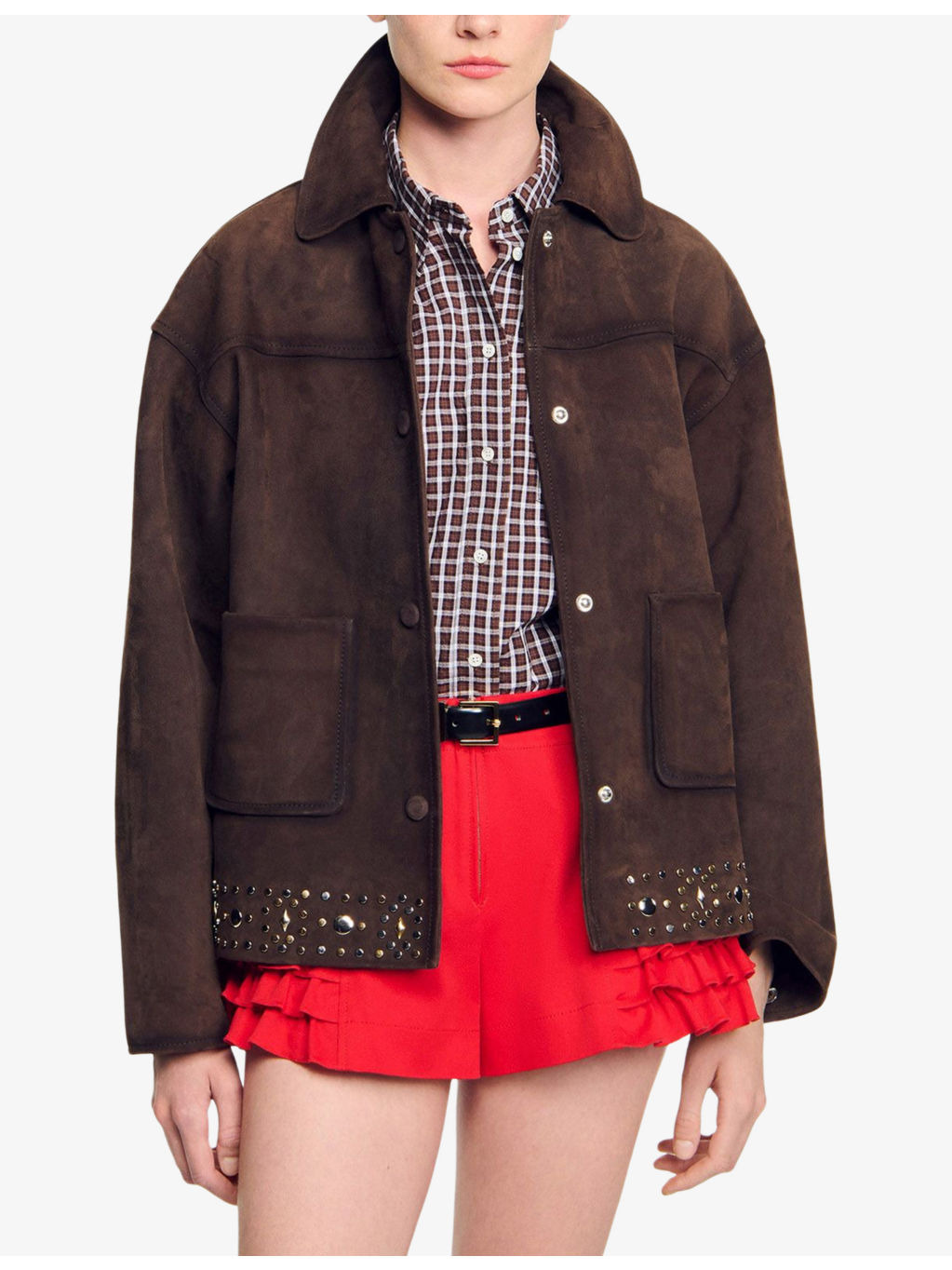 Studded-Hem Side-Pocket Suede Jacket - 3