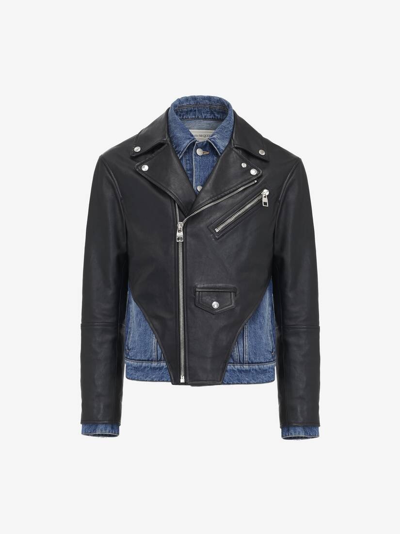 Men's Trompe-l'œil Denim Biker Jacket in Black/indigo - 1