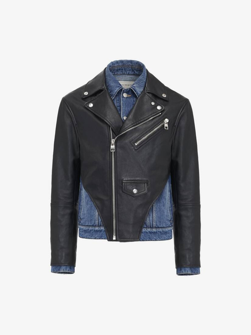 Men's Trompe-l'œil Denim Biker Jacket in Black/indigo 1