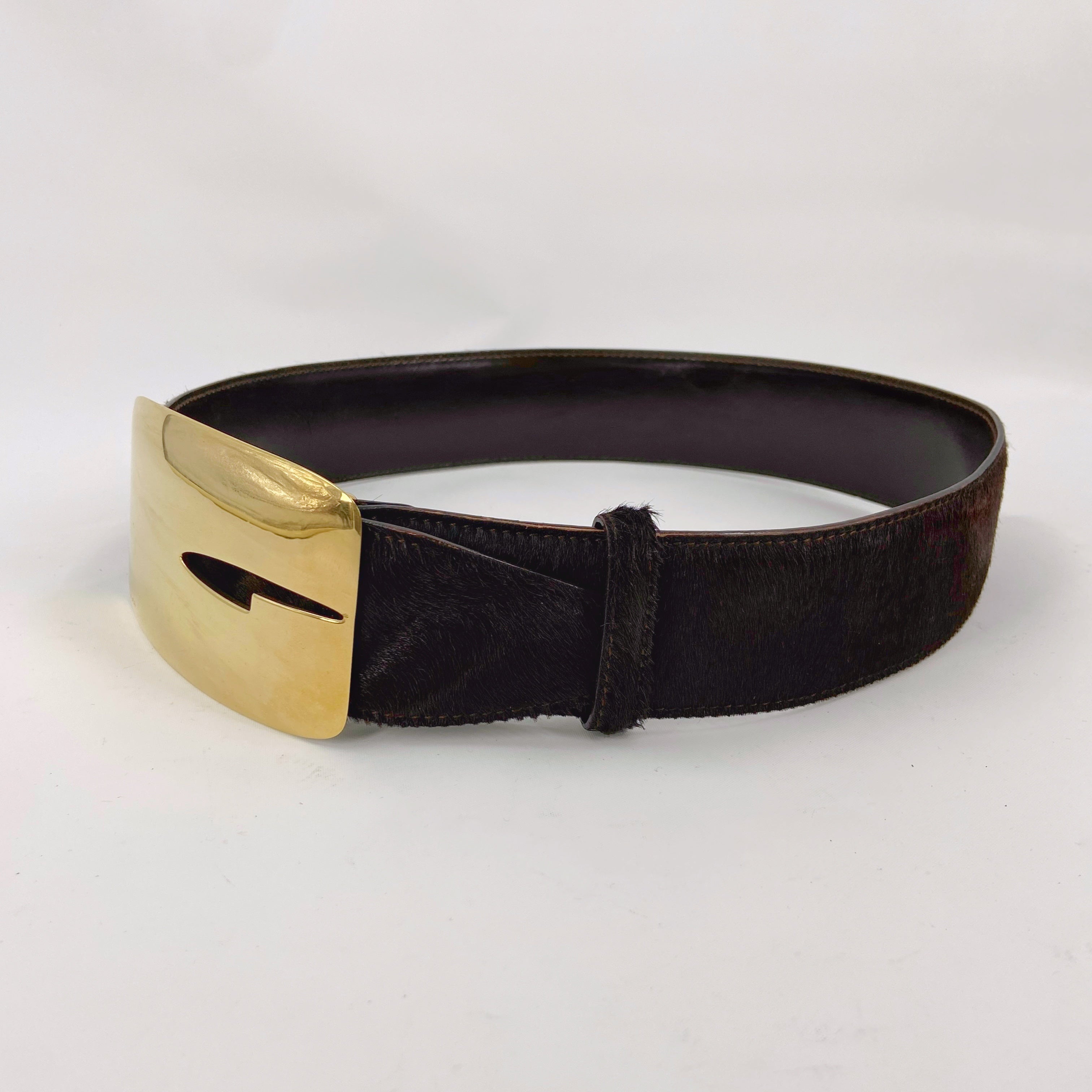 Gucci Fall 1996 Tom Ford Iconic Gold Logo Brown Pony Hair Belt 30 - 9