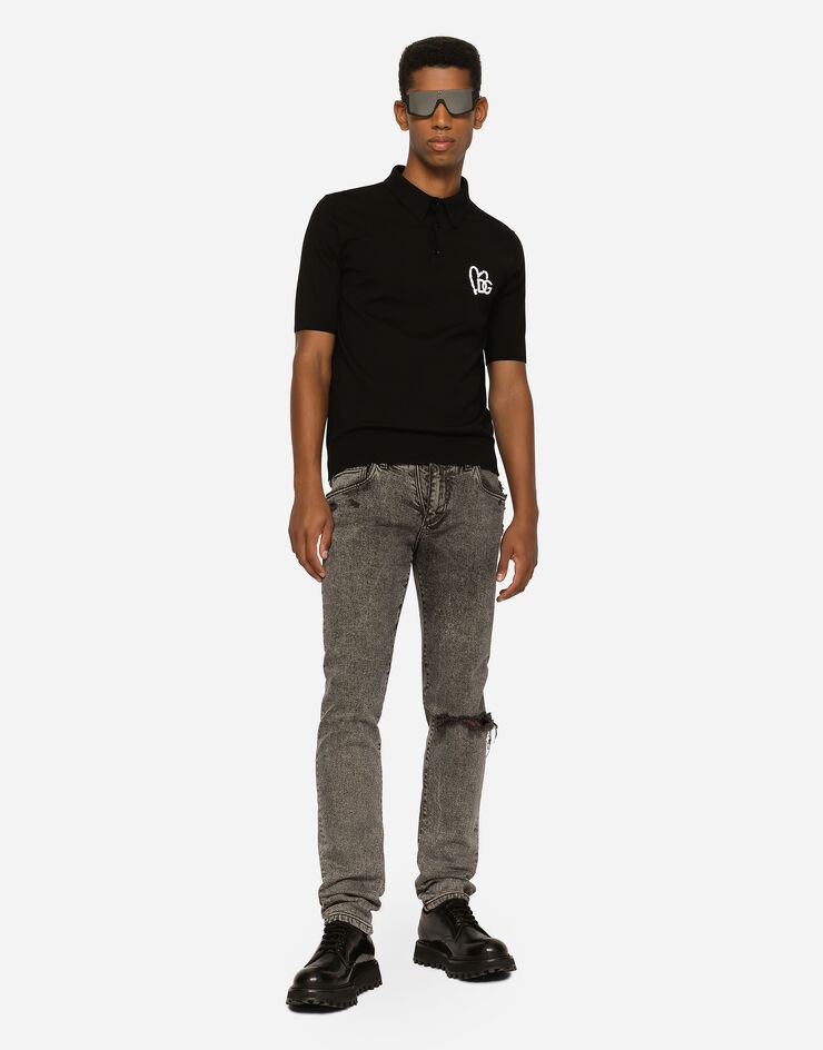 Light gray slim-fit stretch jeans with rips - 5