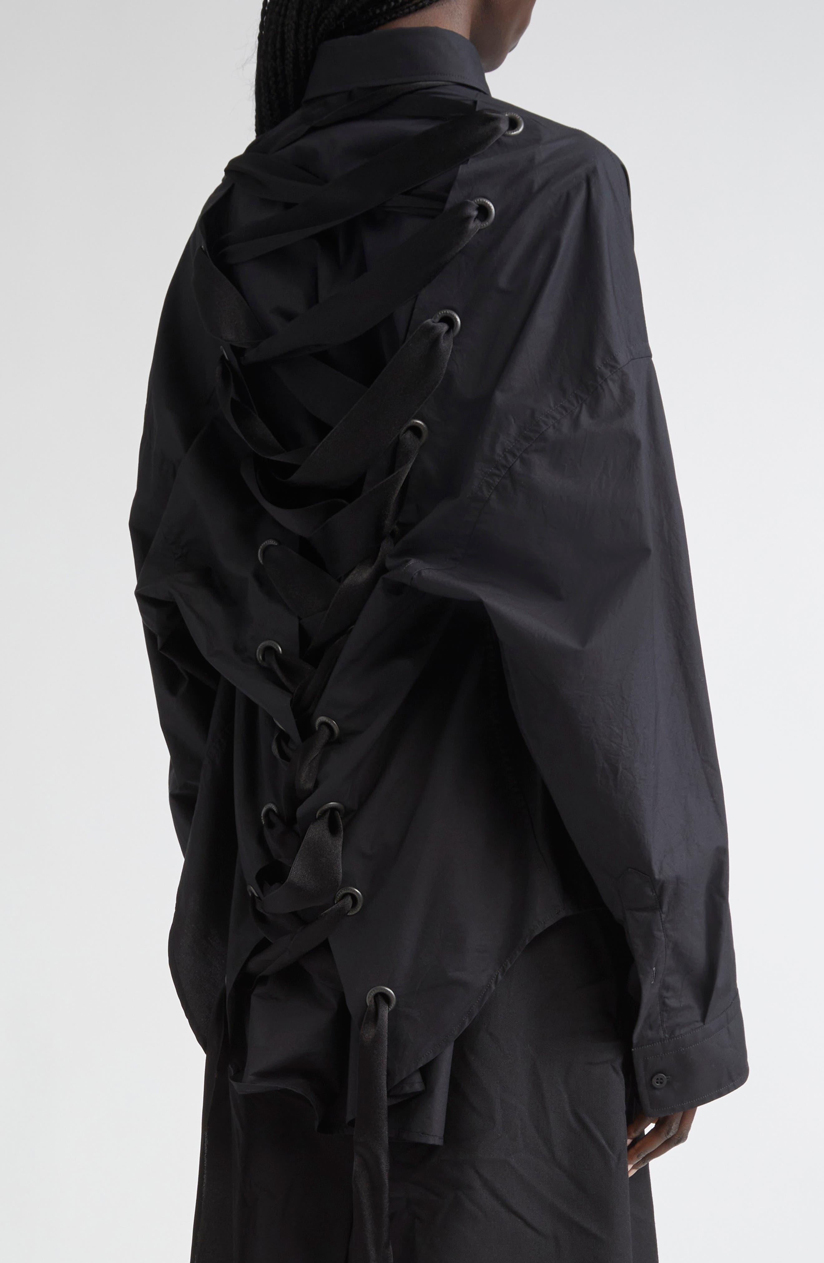 Balenciaga Lace-Up Cotton Poplin Shirt in 1000 Black at Nordstrom - 5