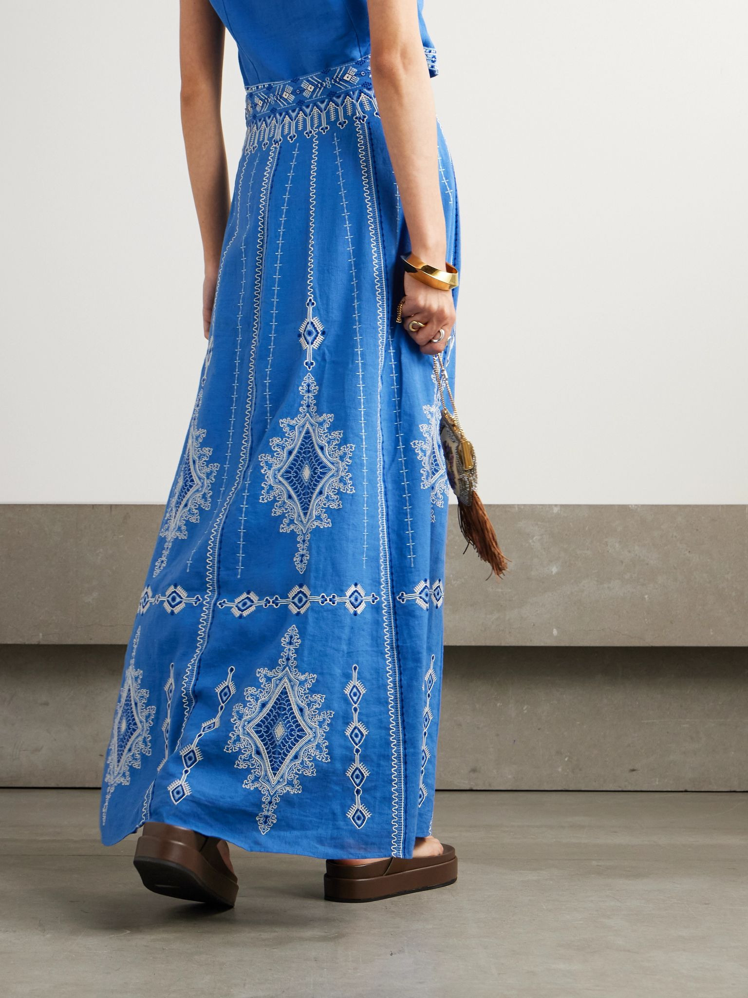 Camille Astragal embroidered linen and cotton-blend maxi skirt Blue - 3