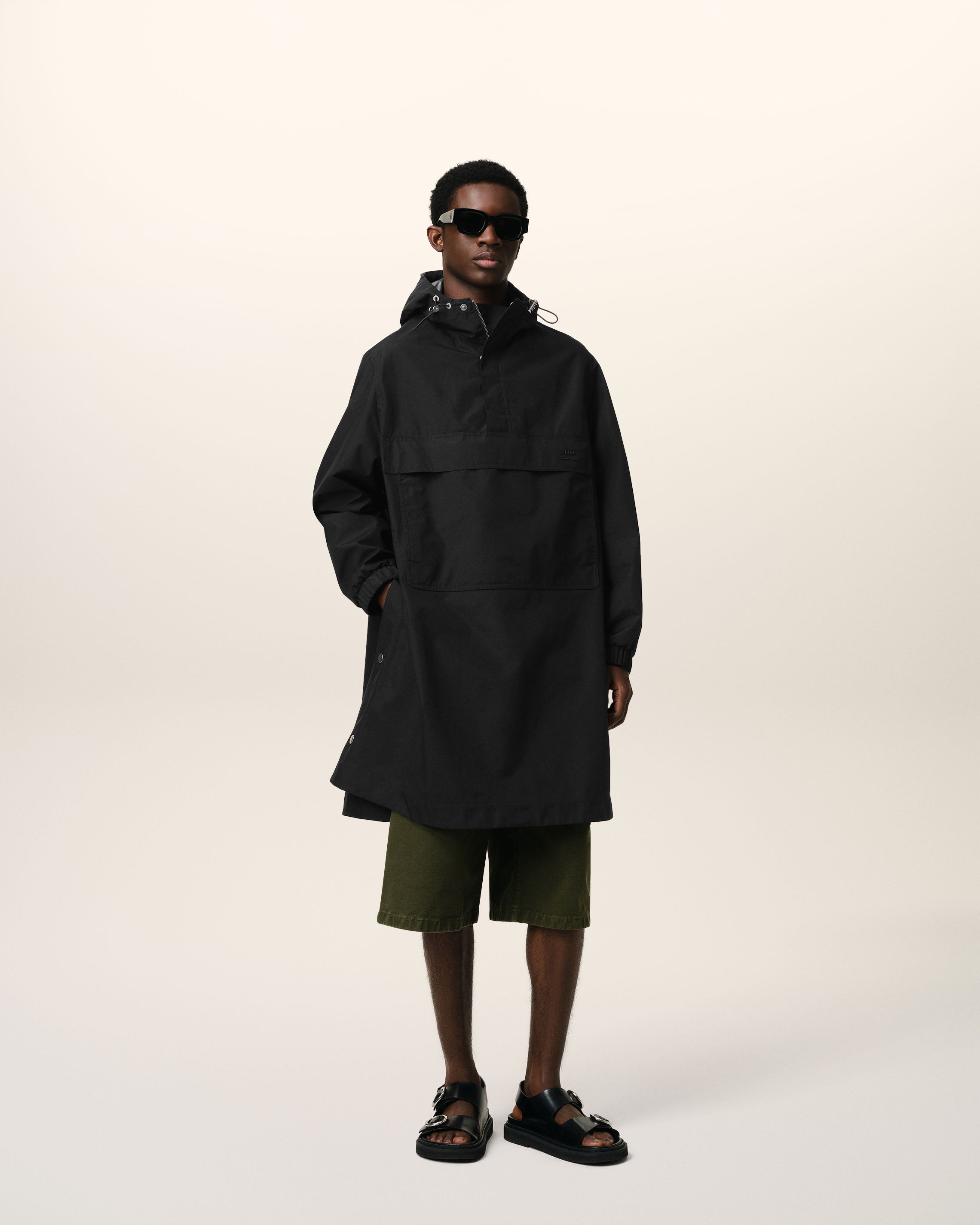BLACK WATER-REPELLENT LONG HOODED WINDBREAKER - 2