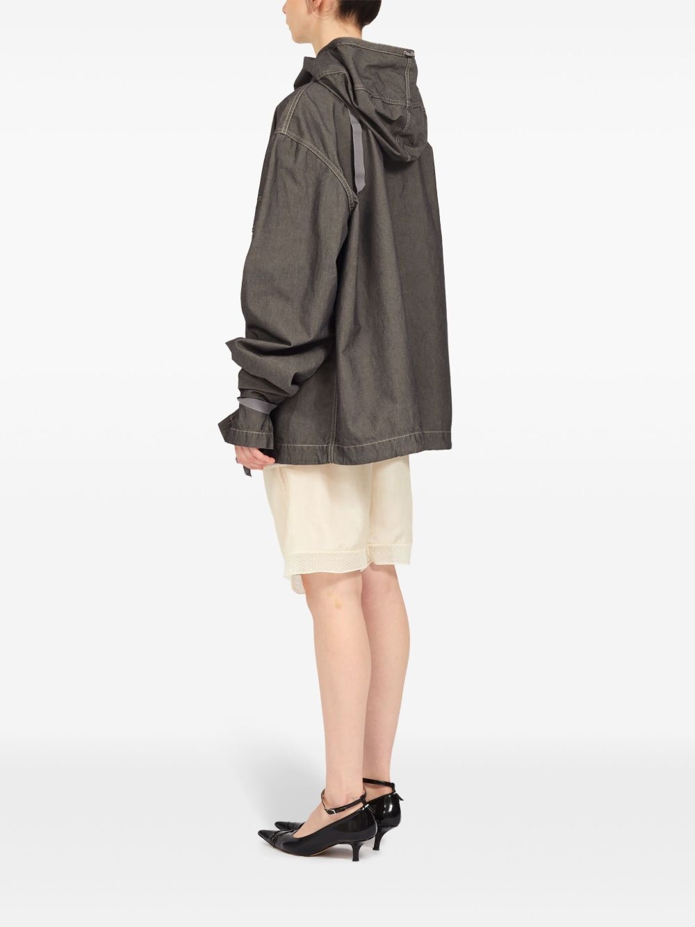 hooded drawstring-waist denim jacket - 6
