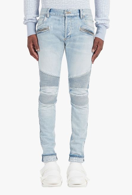 Slim cut faded and ridged light blue denim cotton jeans with Balmain monogram on hem - 5