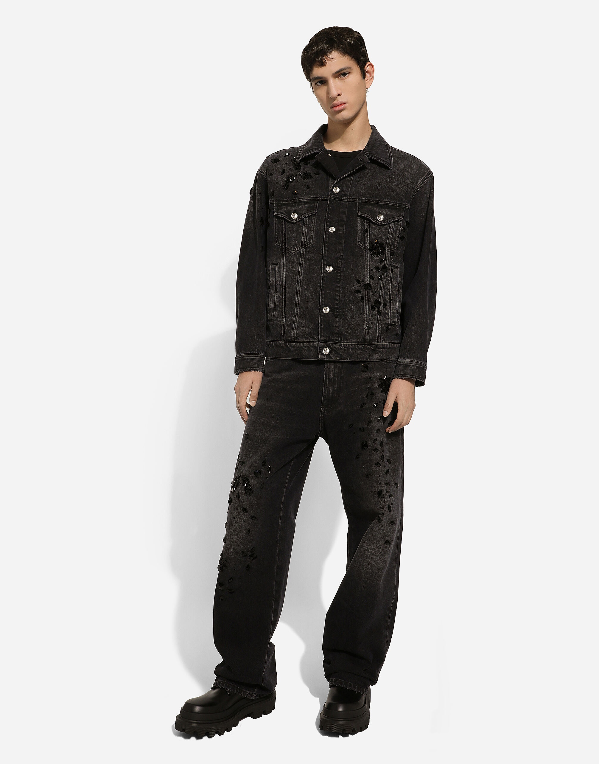 Oversize washed jeans with rhinestone embellishment - 6