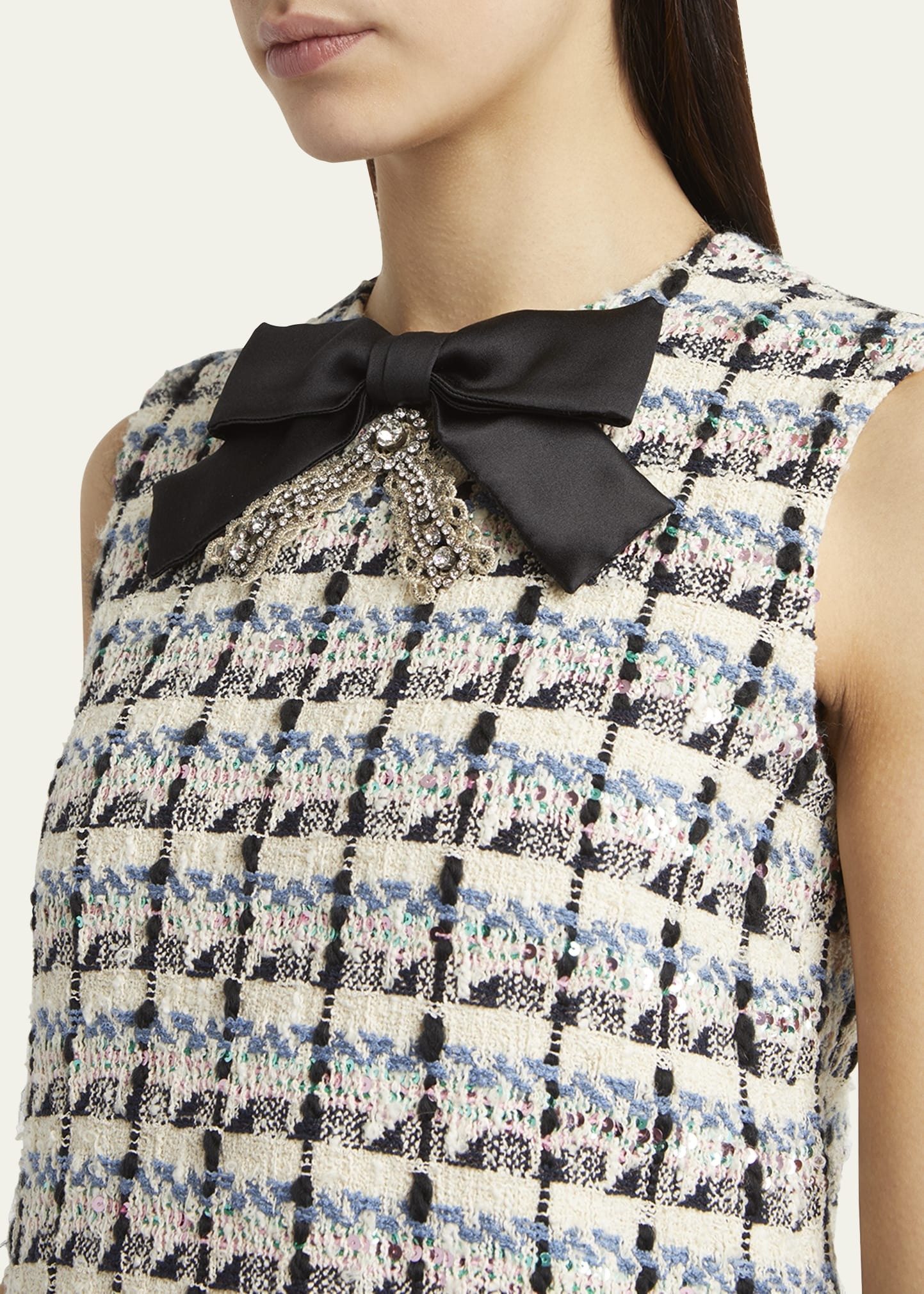 Bow-Embellished Sequin Tweed Mini Dress - 5