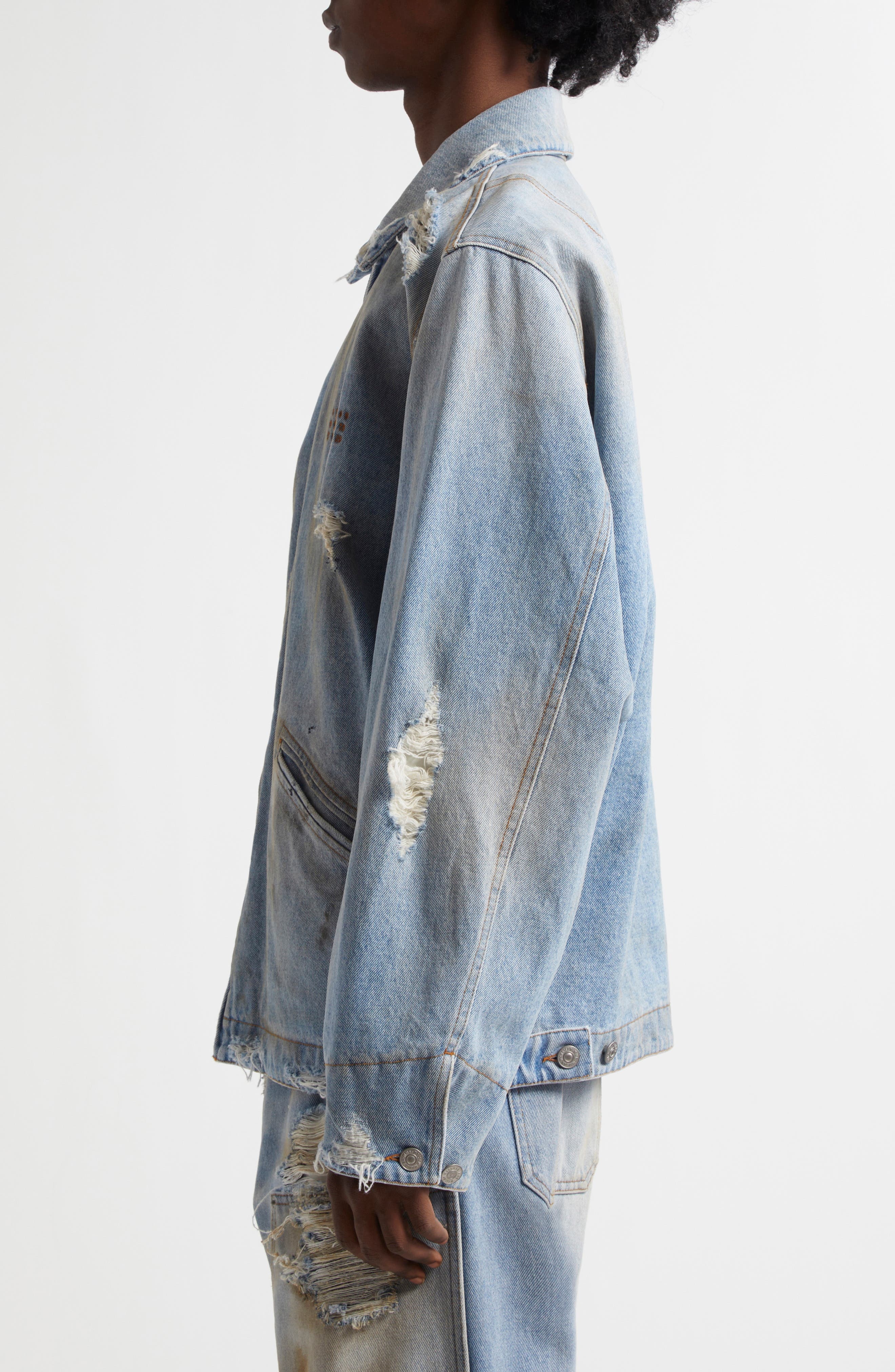 MM6 Maison Margiela Distressed Denim Chore Jacket in Medium Blue at Nordstrom - 4