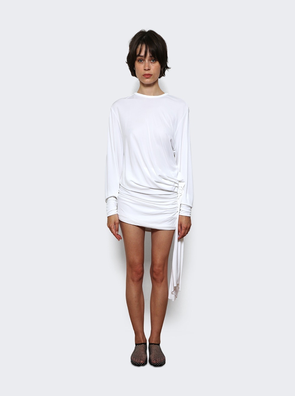 Side Cowl Drape Dress White - 3
