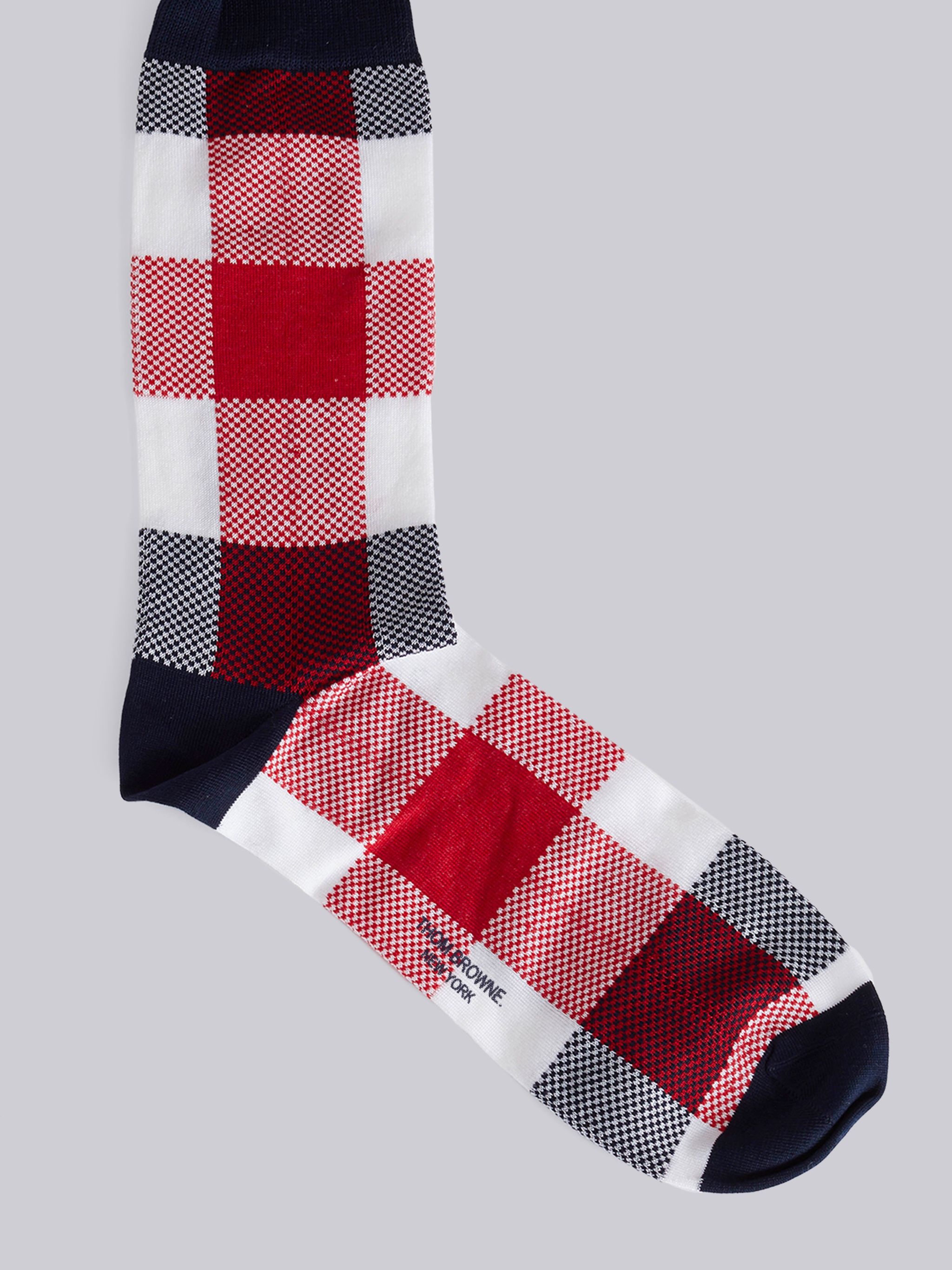 Tricolor Cotton Buffalo Check Mid-calf 4-Bar Socks - 2