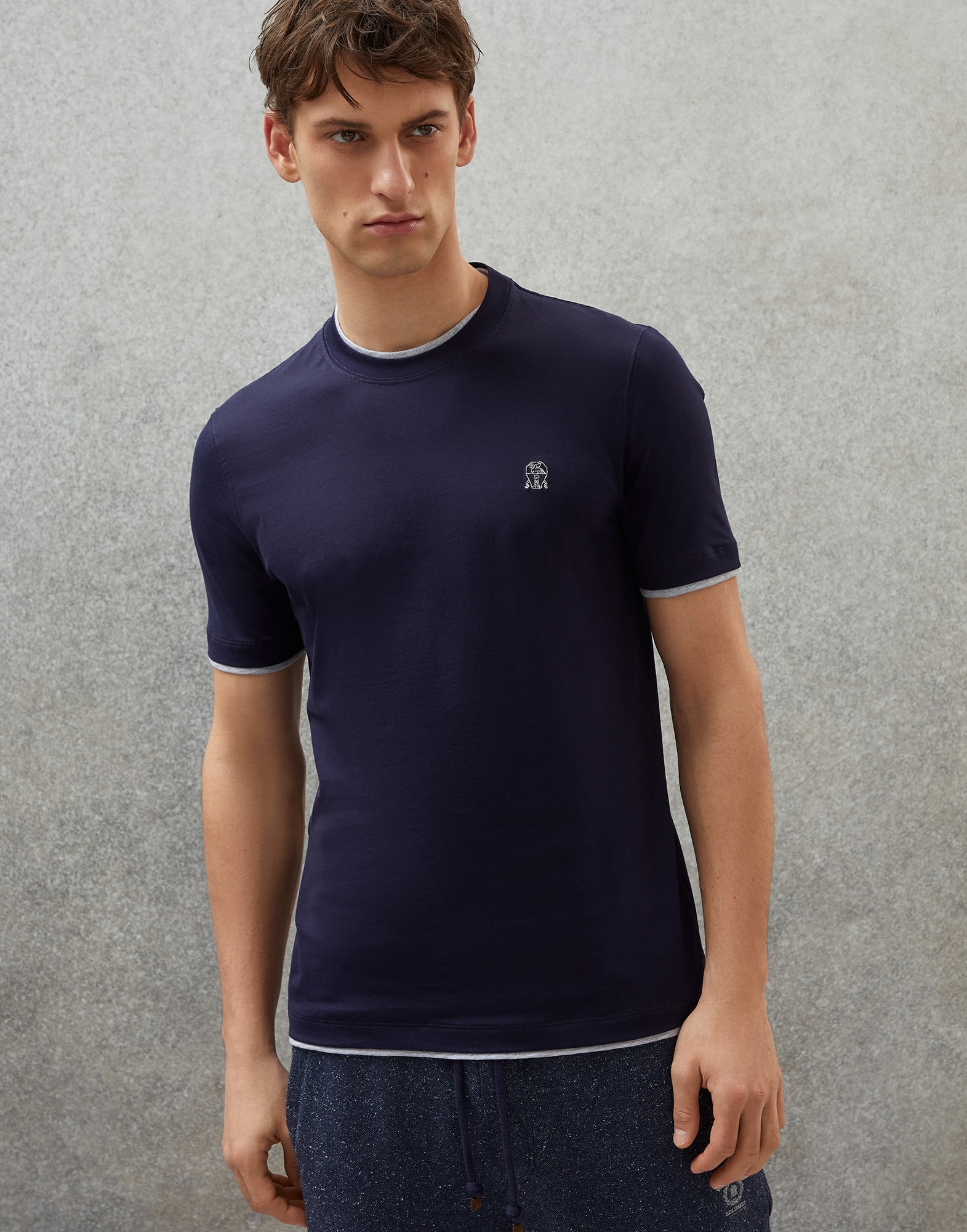 Cotton jersey slim fit crew neck T-shirt with logo and faux-layering - 1