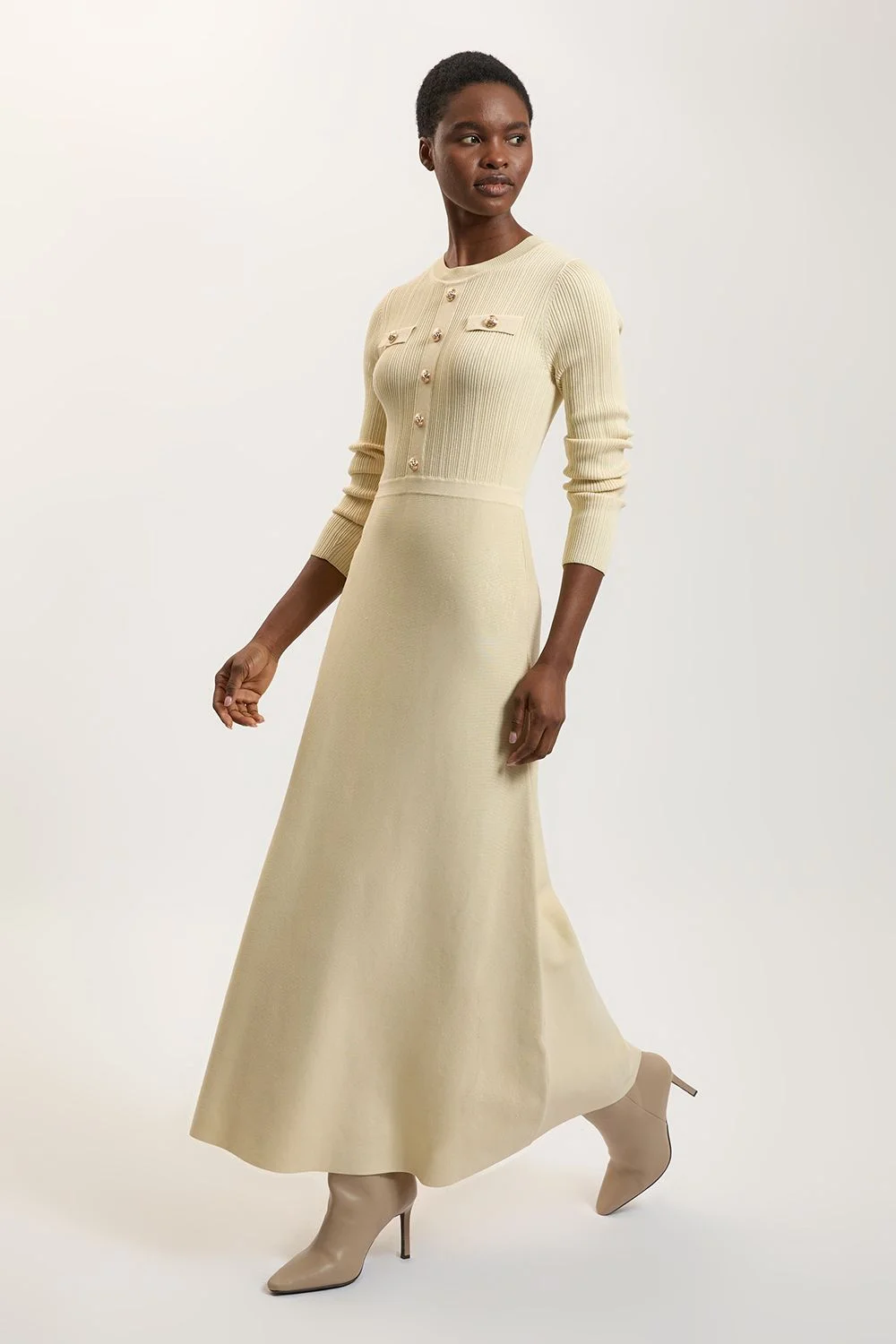 Rib Knit Military Trim Long Sleeve Maxi Dress - 1