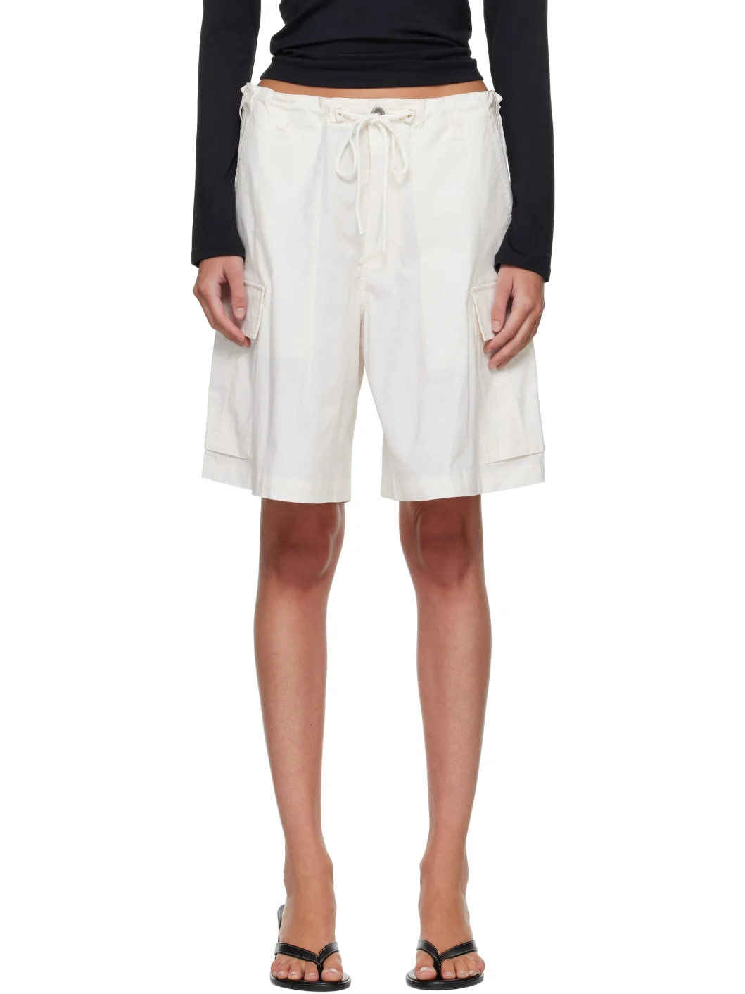 White Woven Cotton Oversized Cargo Shorts - 1