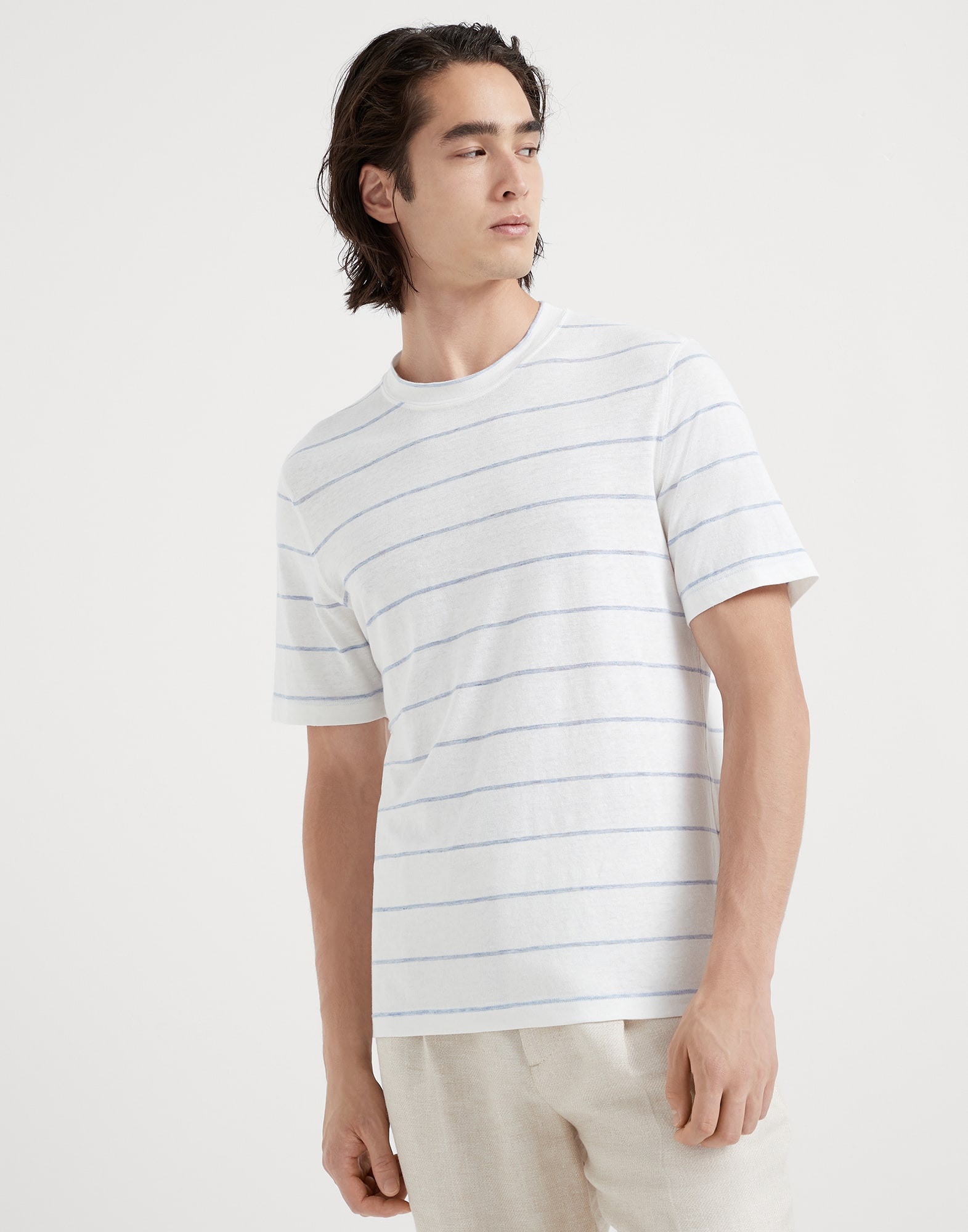 Linen and cotton striped jersey crew neck T-shirt - 1