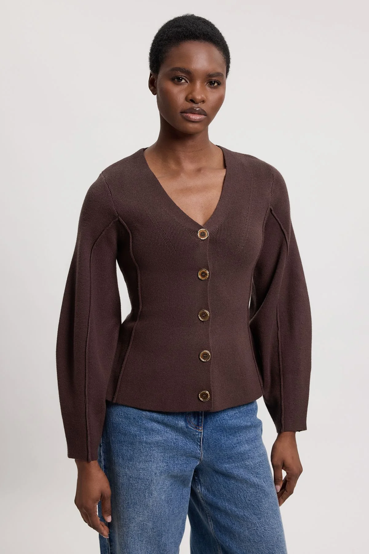 Knit Wool Look Rounded Sleeve Cardigan - 1