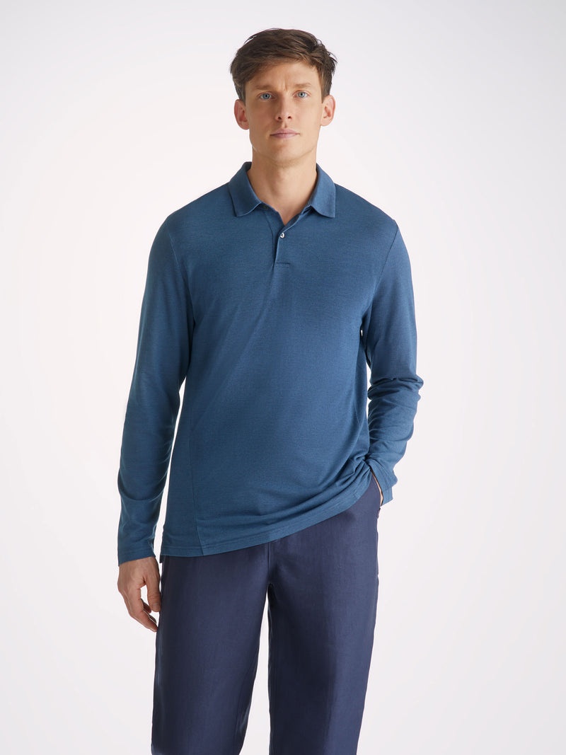 Men's Long Sleeve Polo Shirt Ramsay Pique Cotton Tencel Denim - 5