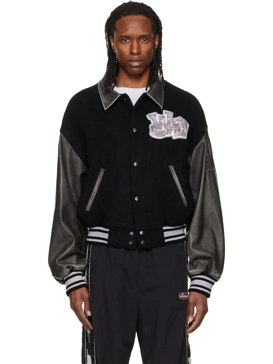 Black Faux-Leather Varsity Jacket - 1