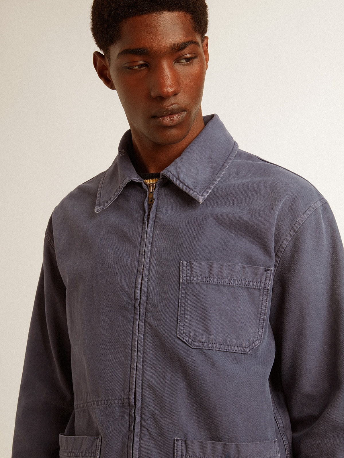 Men's blue jacket in denim cotton with distressed treatment - 5