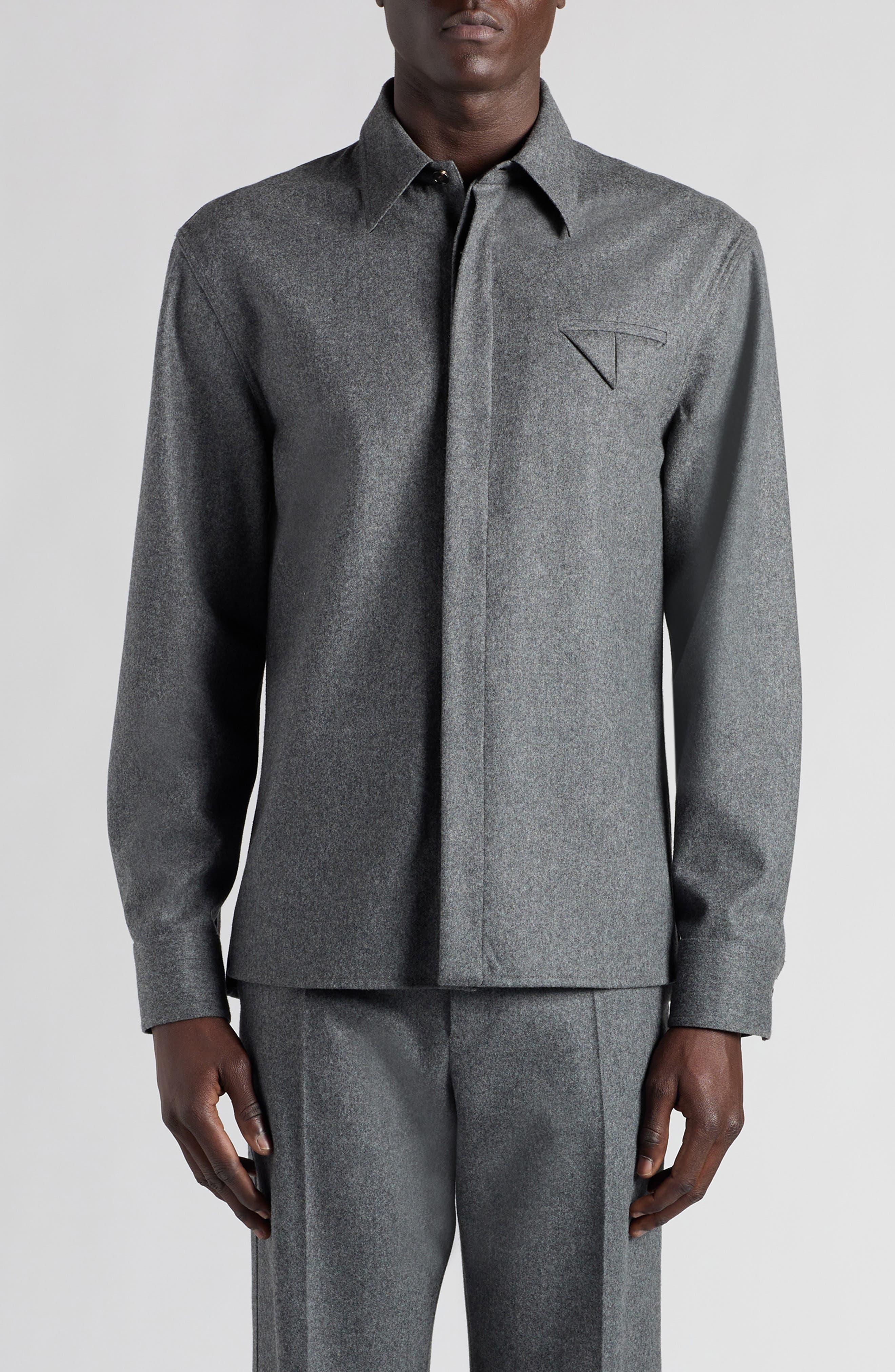 Bottega Veneta Regular Fit Lightweight Wool Flannel Button-Up Shirt in Grey Melange at Nordstrom - 1