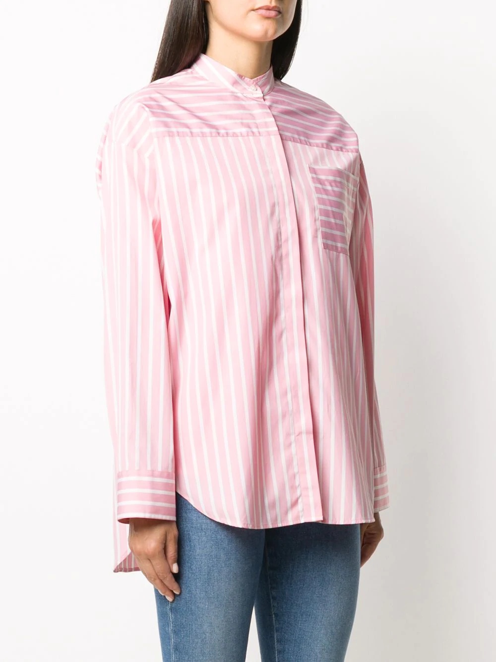 stripe-print collarless shirt - 3