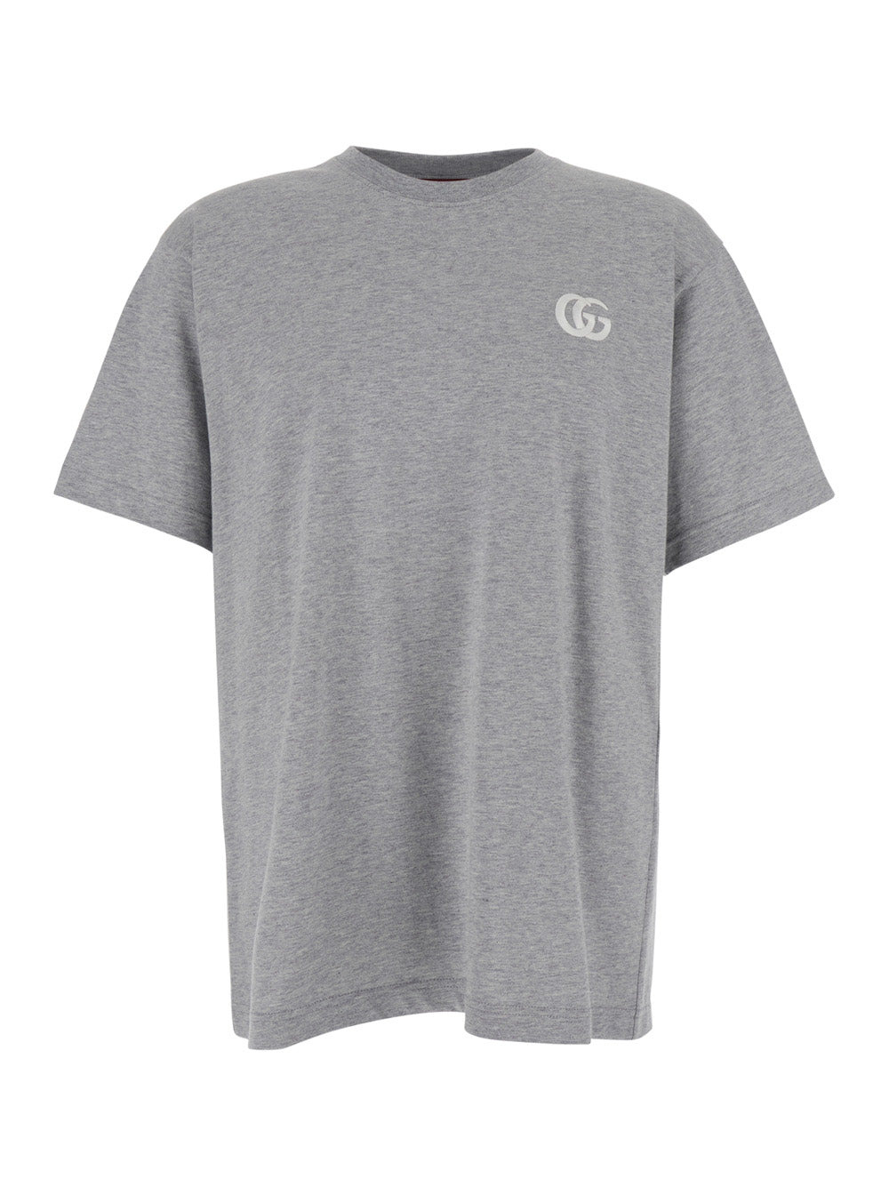 Gucci Men Grey Crewneck T-Shirt With Double G Embroidery On The Front In Fabric Man - 1