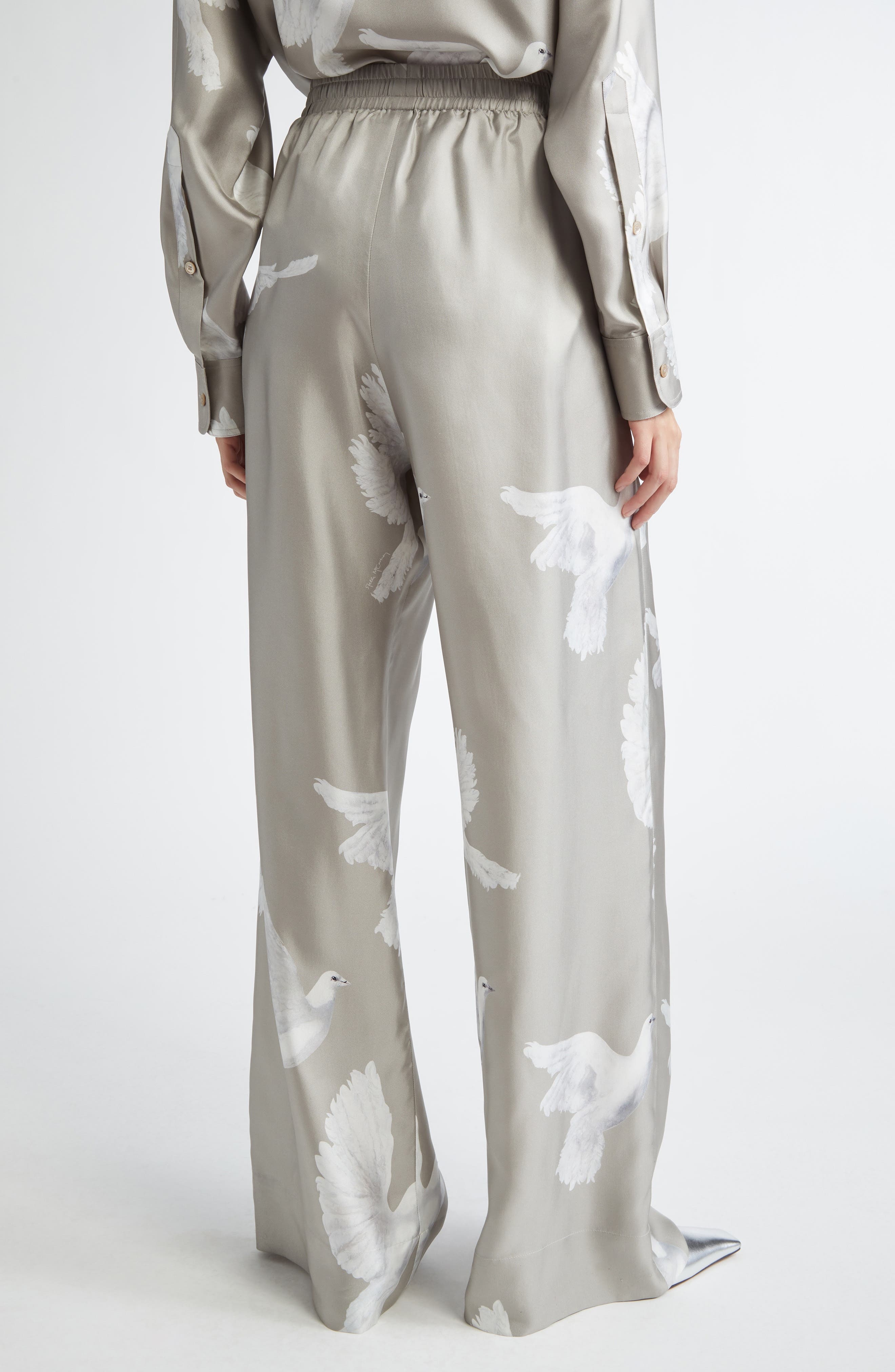 Stella McCartney Birds Print Silk Satin Pants in Mud at Nordstrom - 3
