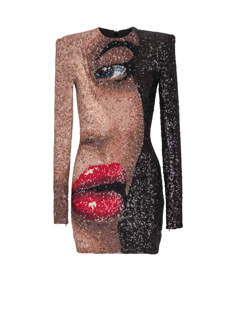 Short embroidered dress with Face motif 1